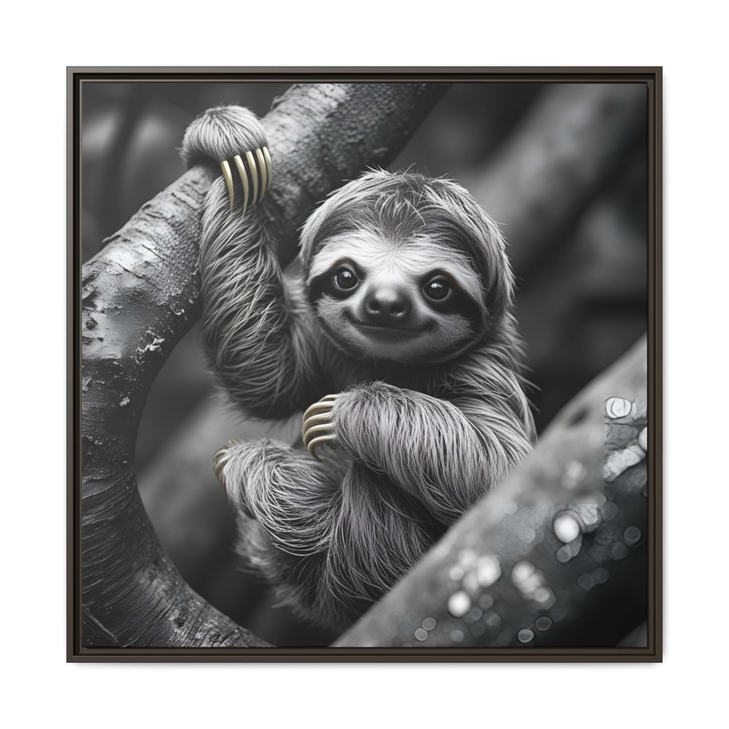 Smiling Sloth Hanging on Tree Branch Wall Art on Framed Canvas, Sloth Lover Gift, Nursery Decor, Wildlife Artwork
