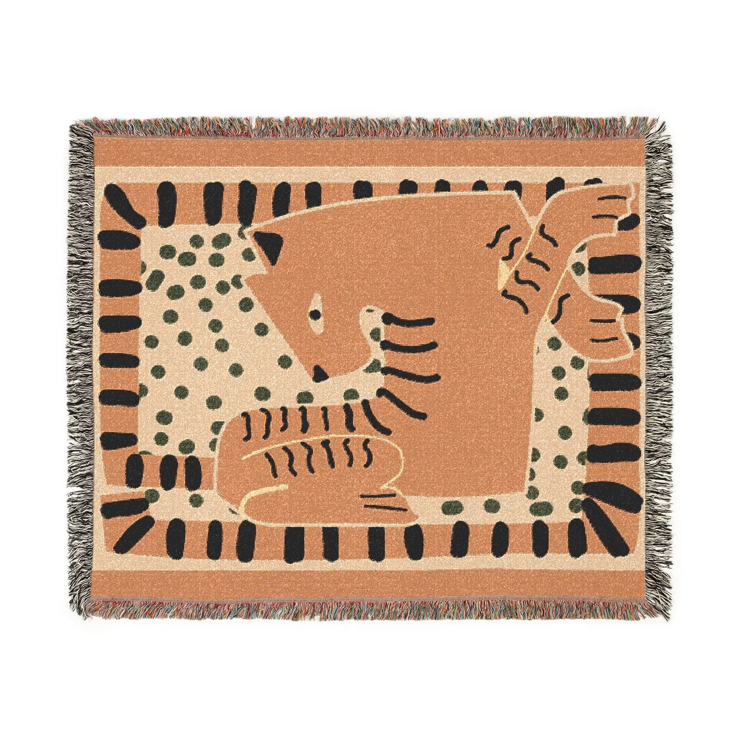 Woven blanket with a tiger design on a white background