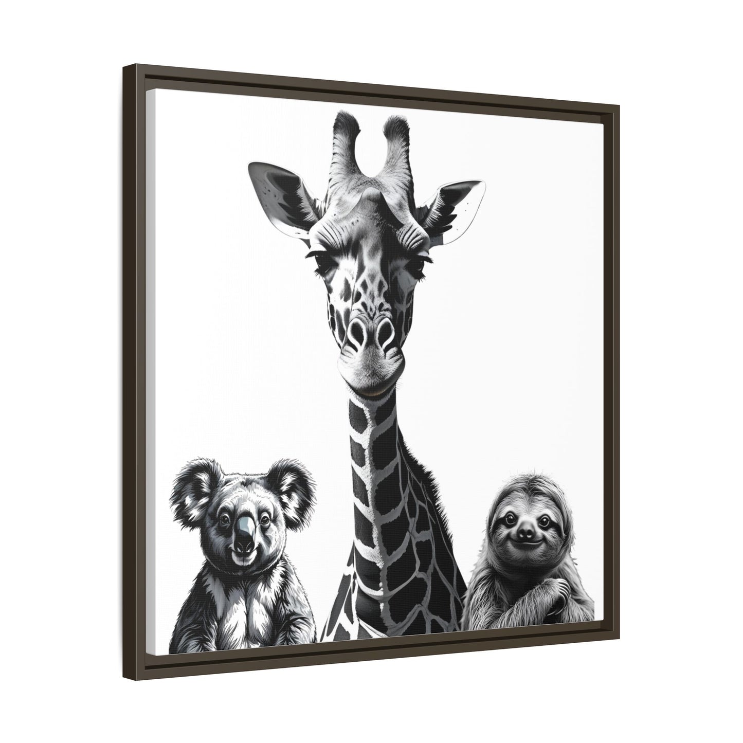 Framed artwork with a giraffe, koala, and sloth on a white background