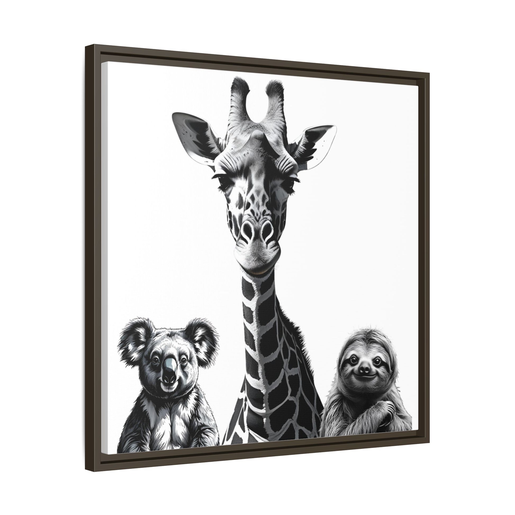 Framed artwork with a giraffe, koala, and sloth on a white background