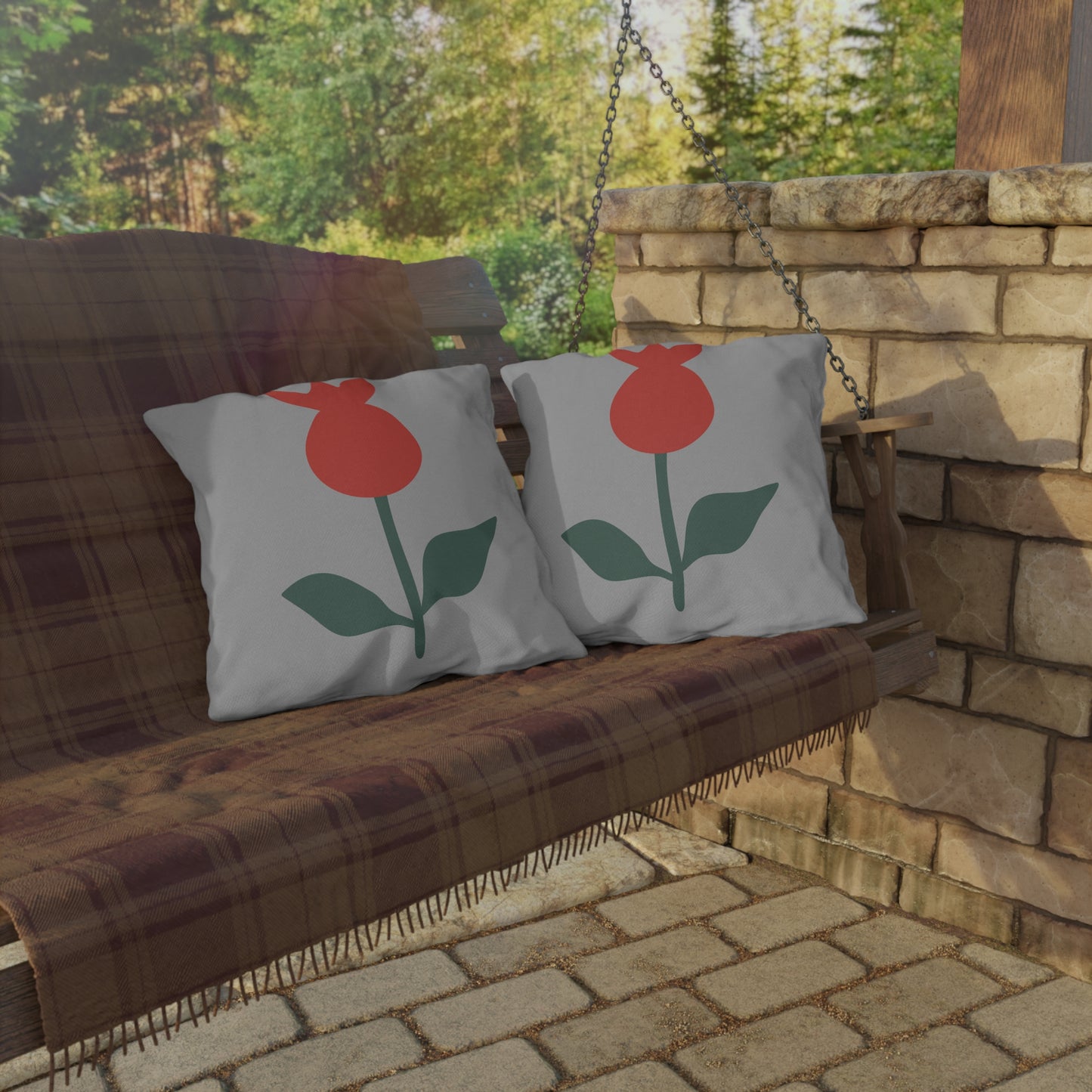 Red Flower Outdoor Throw Pillow | Botanical Grey Patio Cushion
