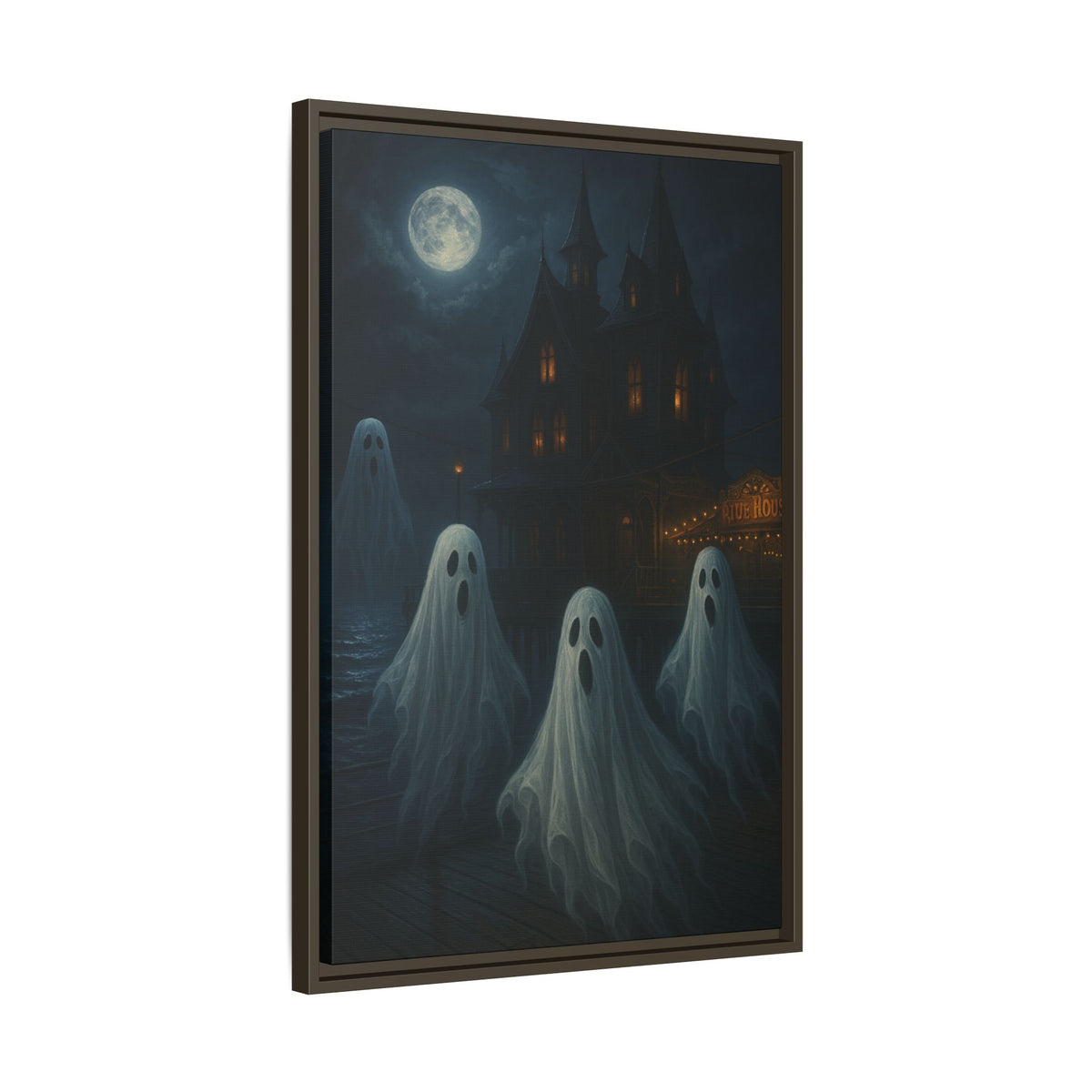 Haunted House Ghost Canvas Wall Art – Spooky Halloween Framed Art, Vintage Horror Decor, Gothic Night Scene Print