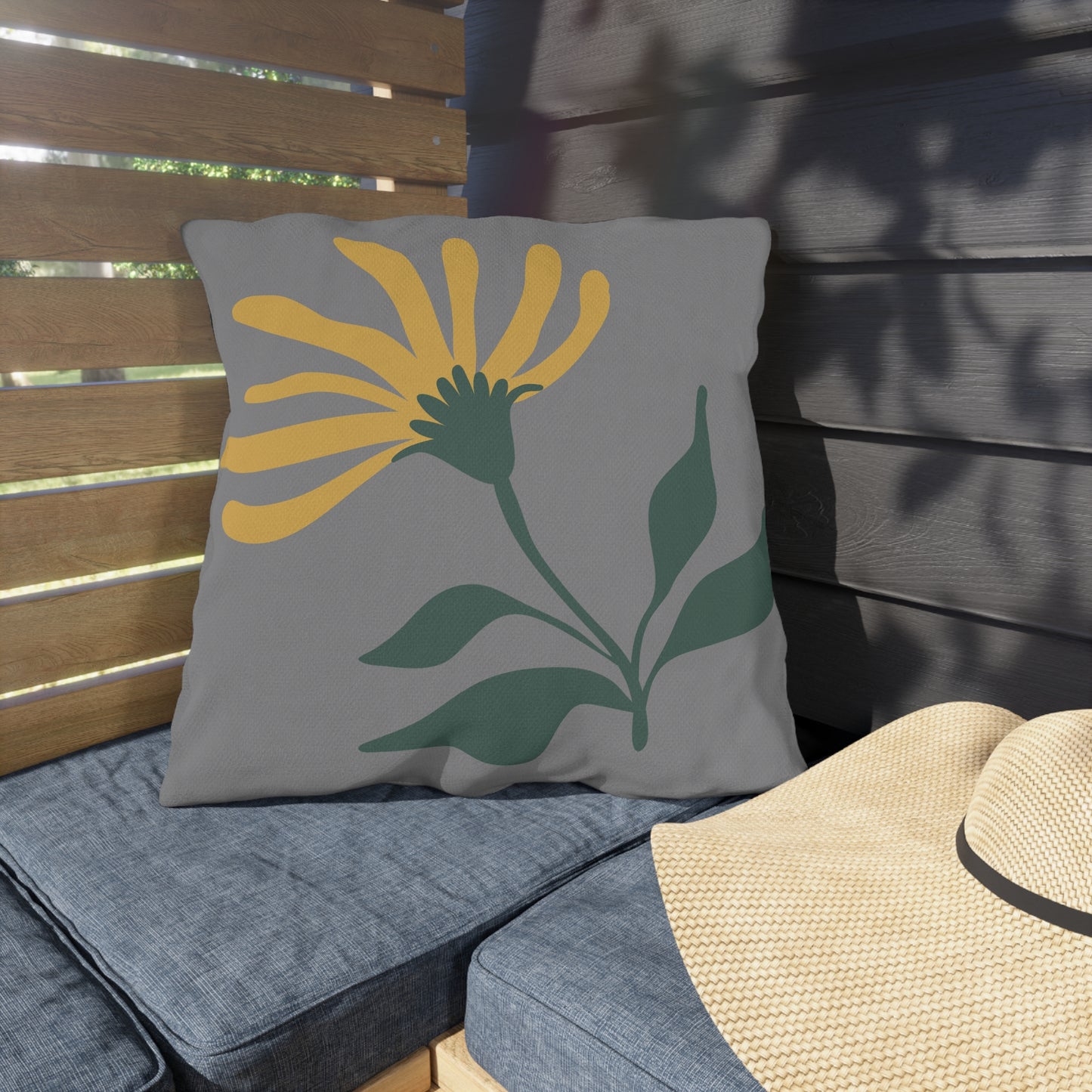 Yellow Flower Outdoor Throw Pillow | Gray Floral Patio Cushion