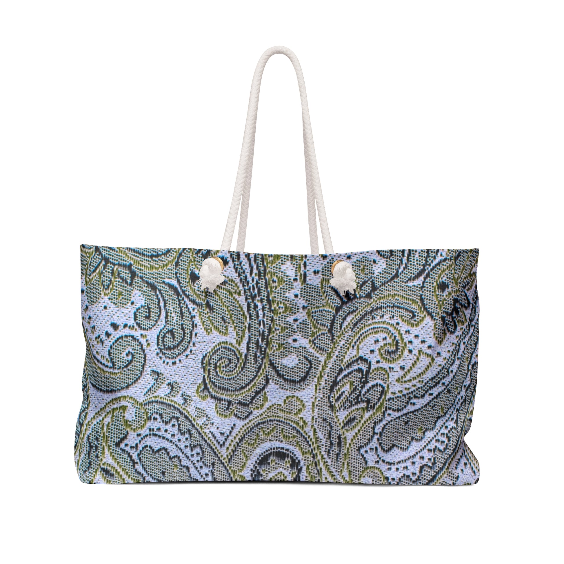 Paisley patterned bag with white handle on a white background