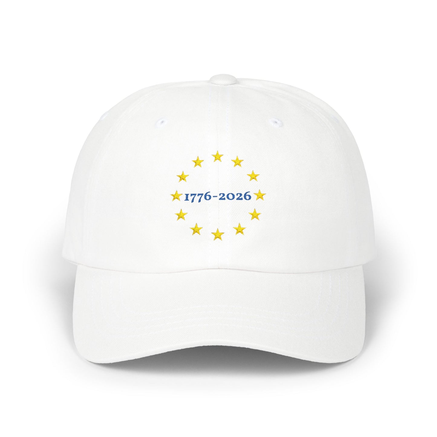 White cap with star design and text on a white background