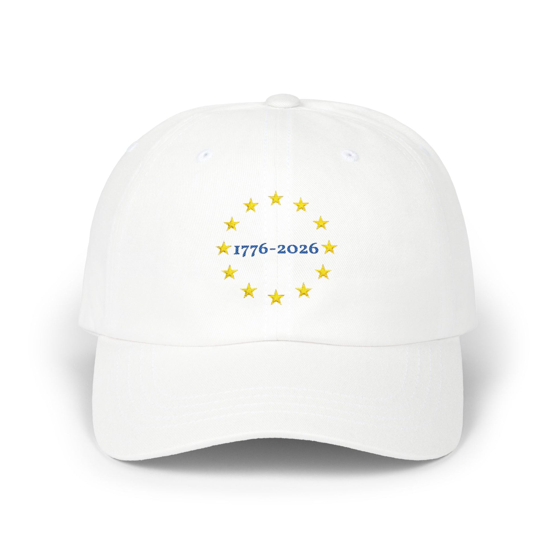 White cap with star design and text on a white background
