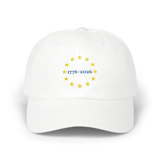 White cap with star design and text on a white background
