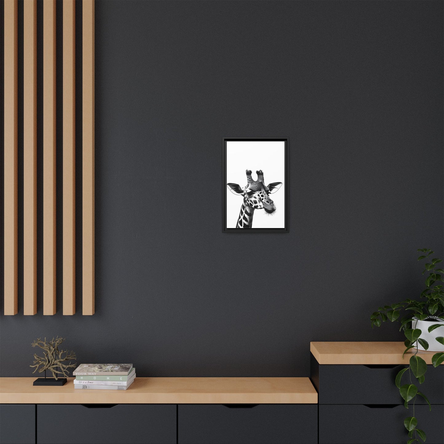 Black and White Giraffe Wall Art – Framed Safari Animal Canvas Print