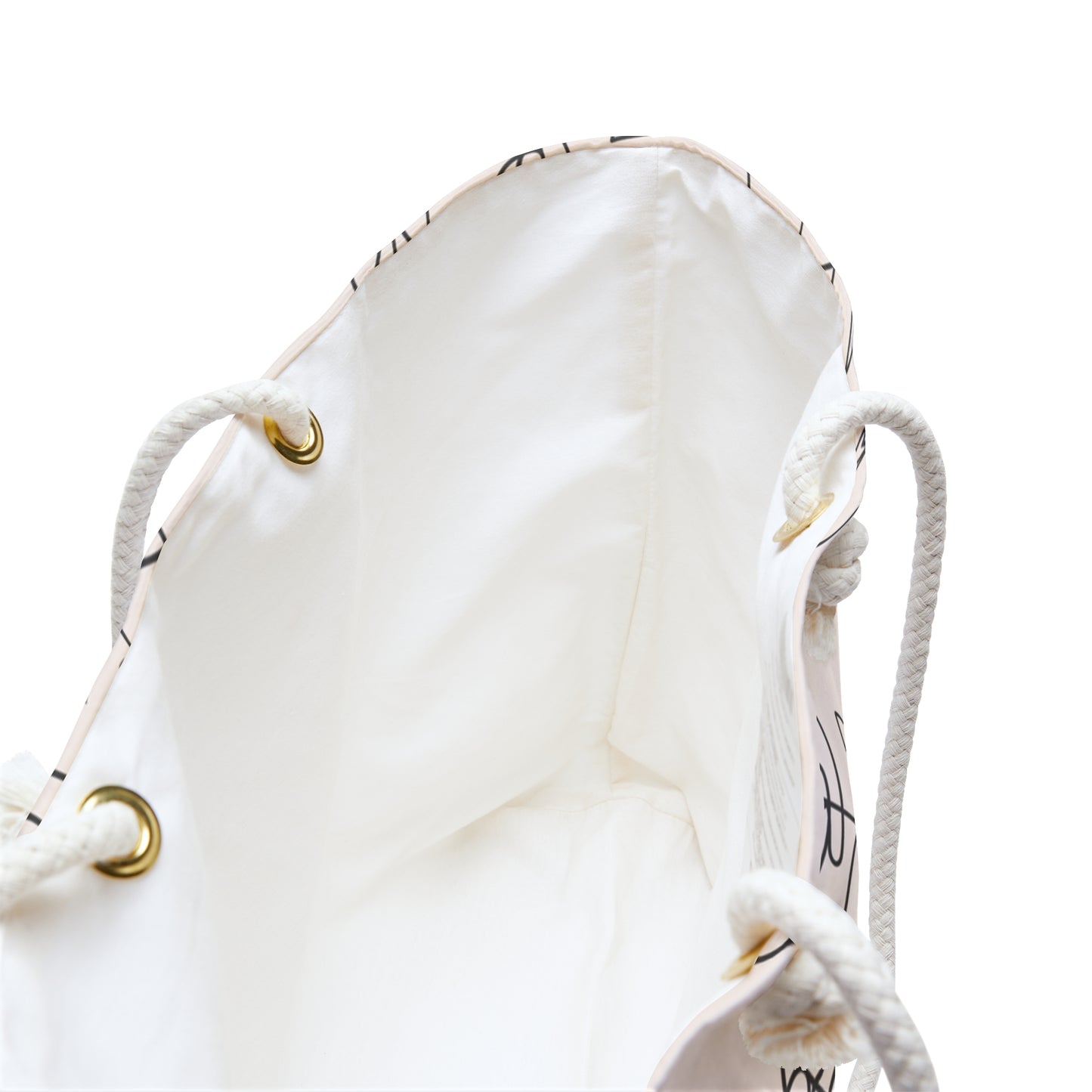 White drawstring bag with gold accents on a white background