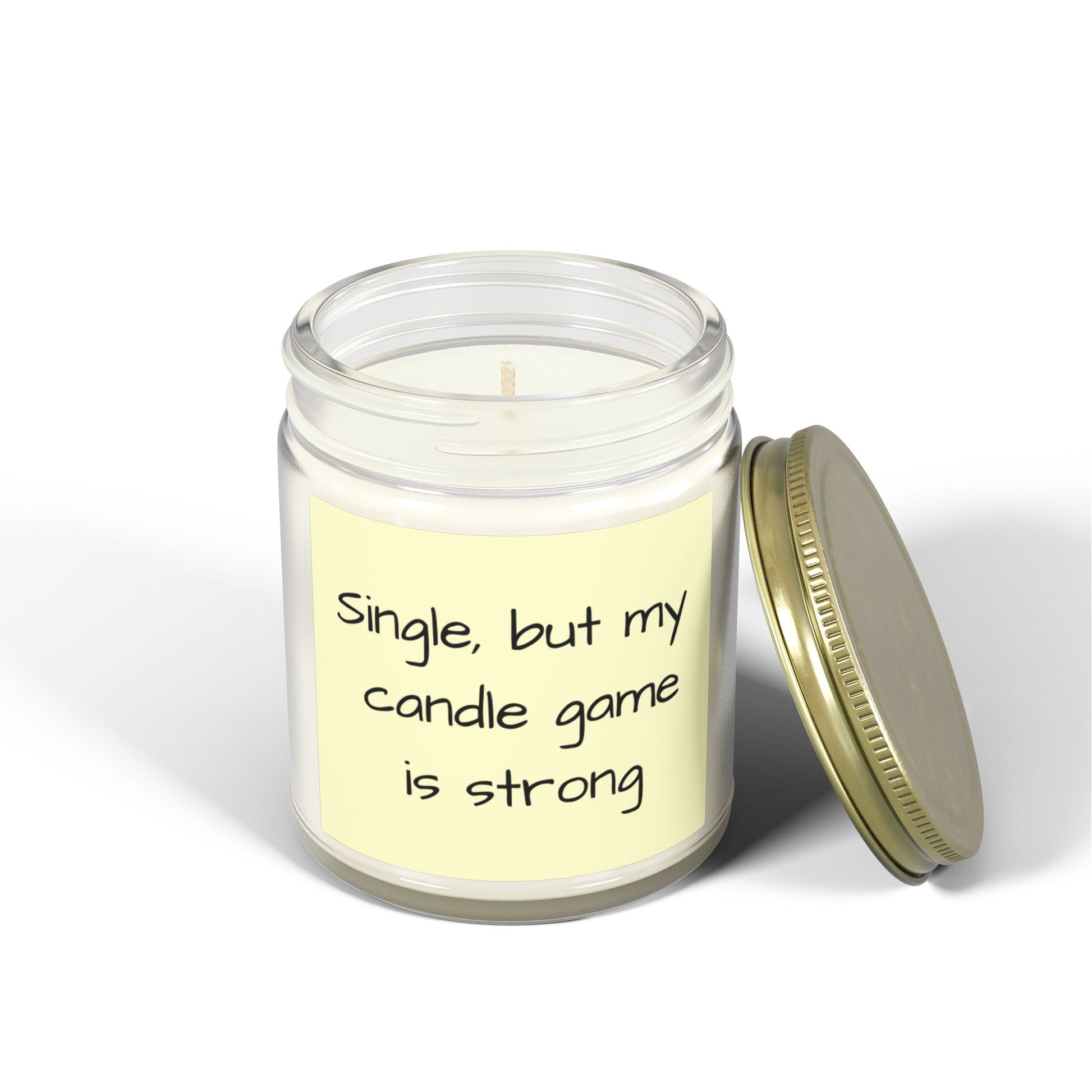 Candle in a jar with a humorous label on a white background