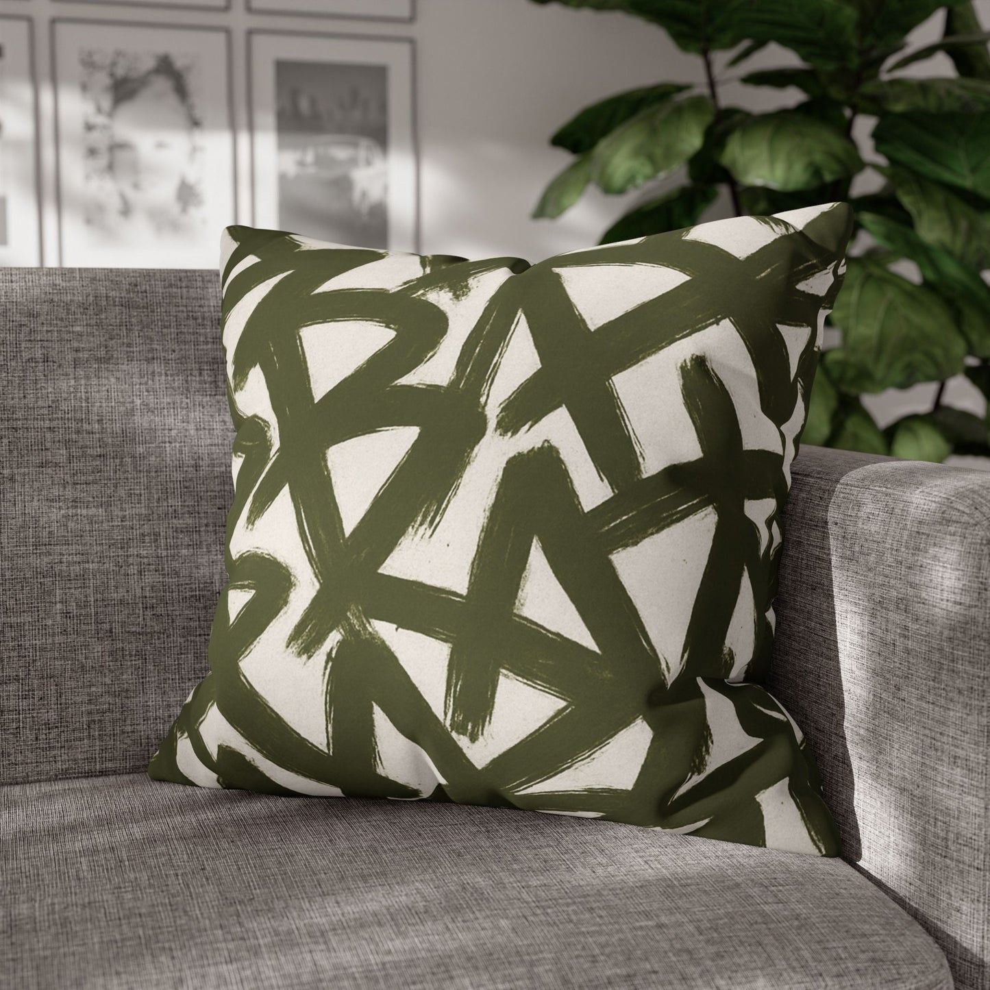 Throw Pillow Cover, Green Graffiti Brush Strokes Square Pillowcase Cover