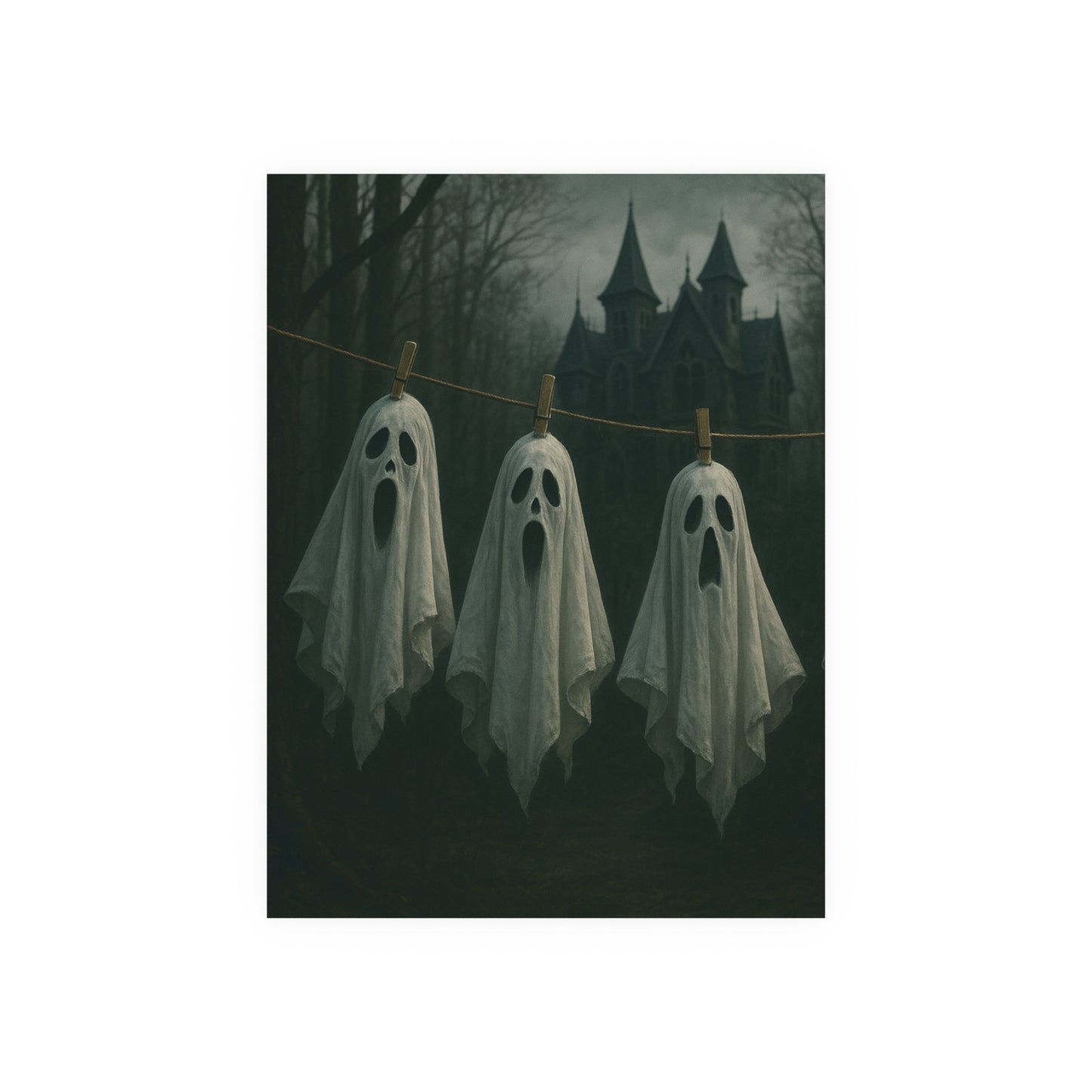 Three ghostly figures hanging on a line with a spooky castle in the background