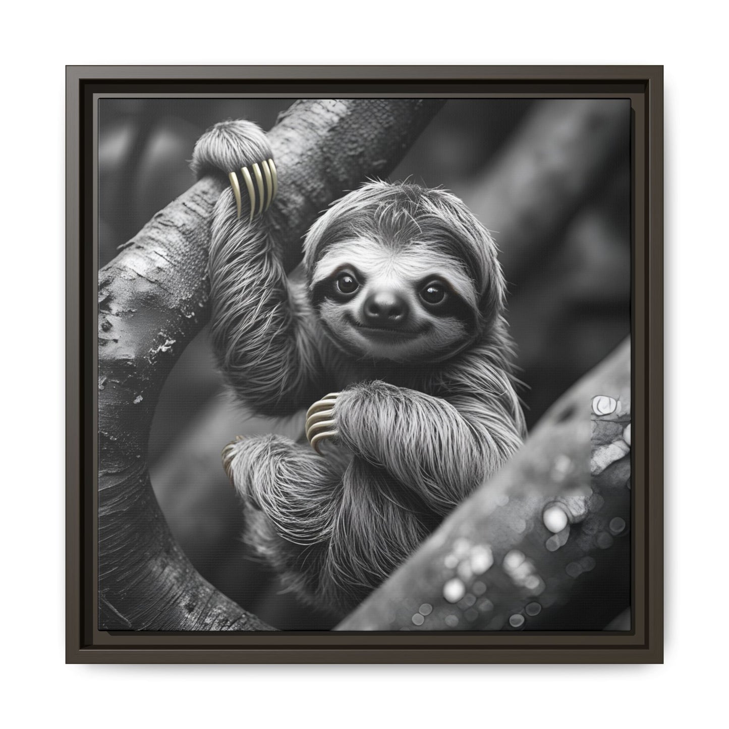 Smiling Sloth Hanging on Tree Branch Wall Art on Framed Canvas, Sloth Lover Gift, Nursery Decor, Wildlife Artwork