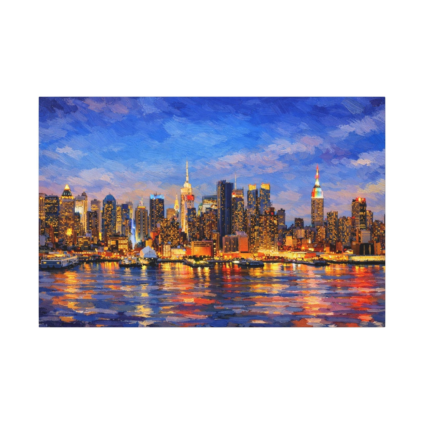 New York City Skyline Canvas Wall Art – Night Waterfront Impasto Cityscape Painting