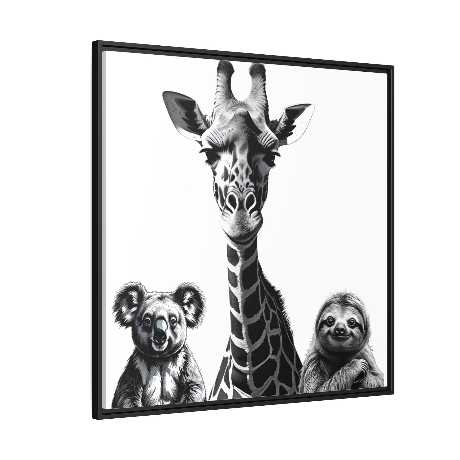 Framed artwork with a giraffe and two animals on a white background