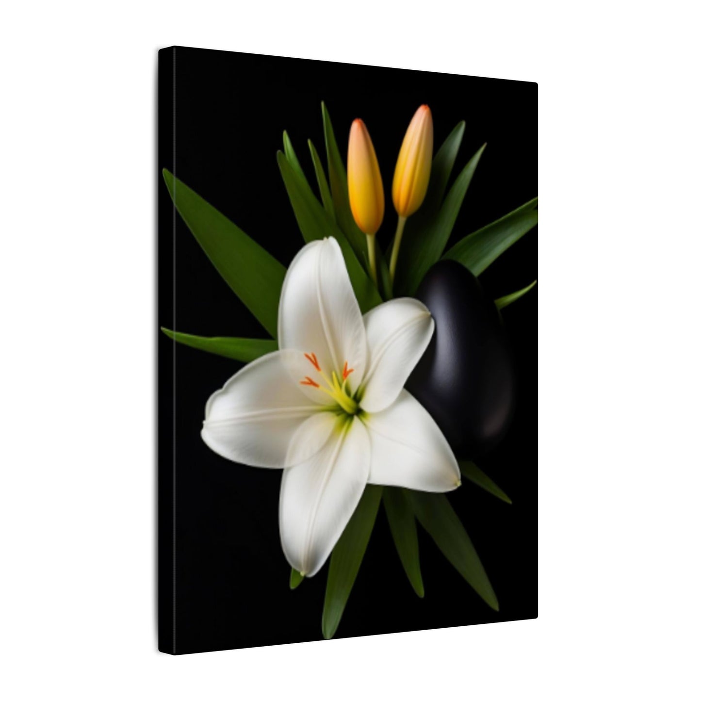 Canvas print of a white lily and yellow tulips on a black background