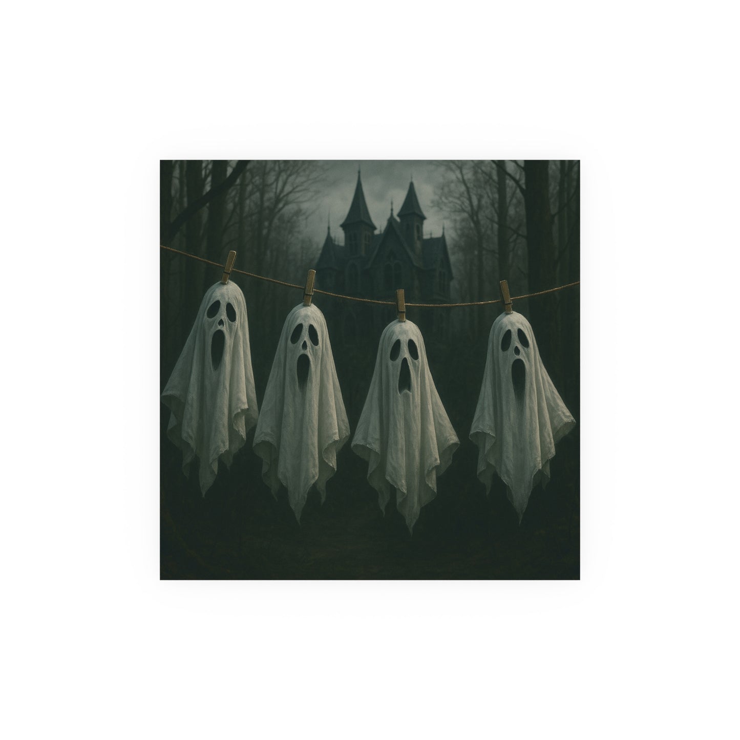 Four ghostly figures hanging on a rope with a spooky castle in the background.