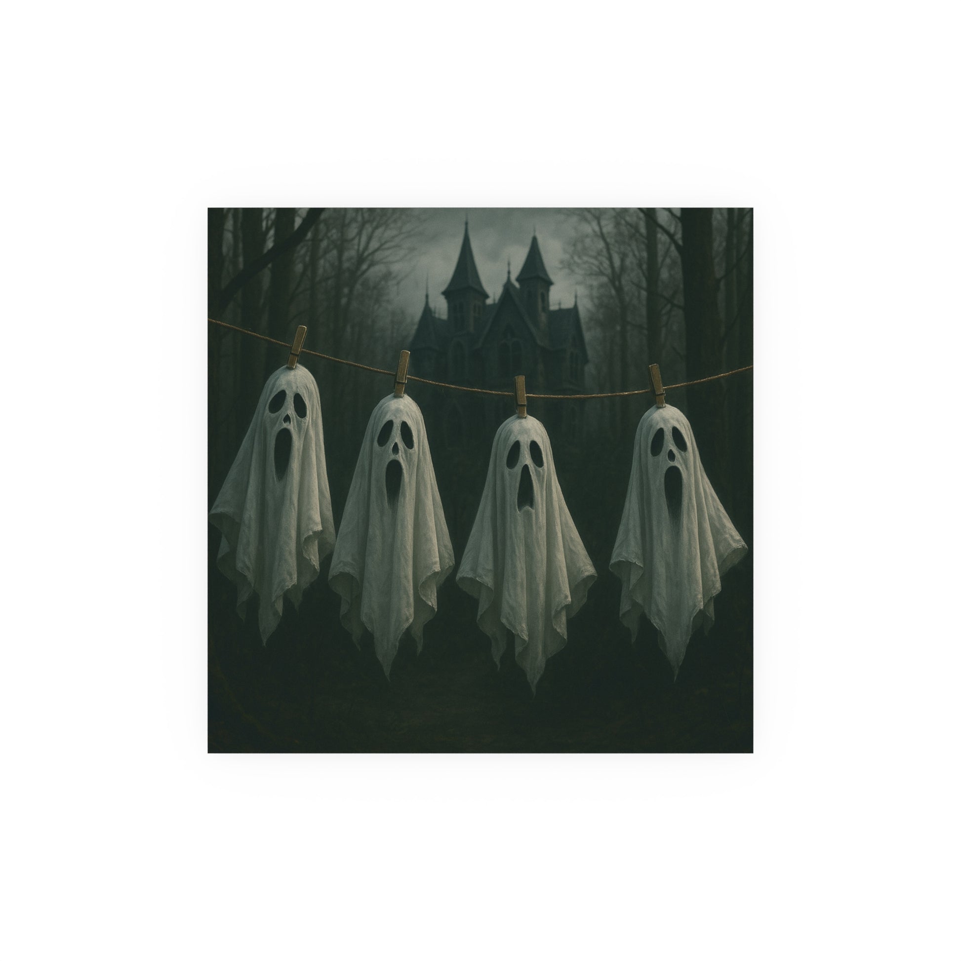 Four ghostly figures hanging on a rope with a spooky castle in the background.