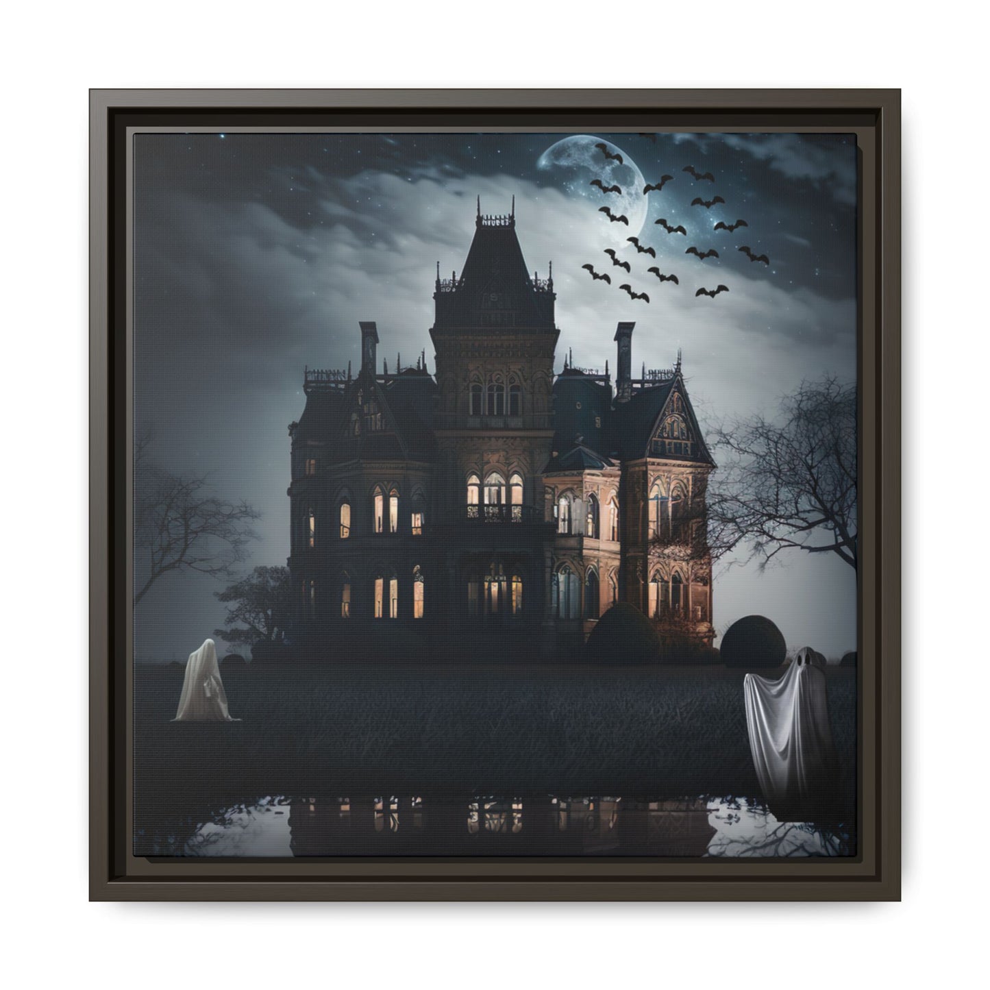 Framed artwork of a haunted house with ghosts and bats at night.