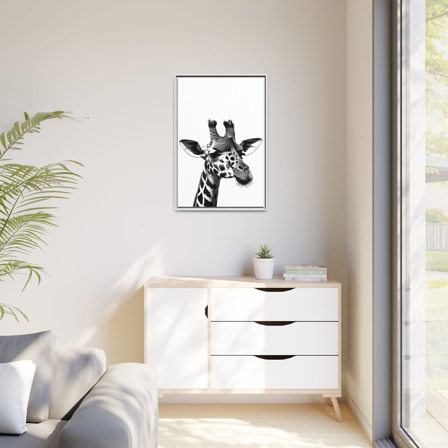 Black and White Giraffe Wall Art – Framed Safari Animal Canvas Print
