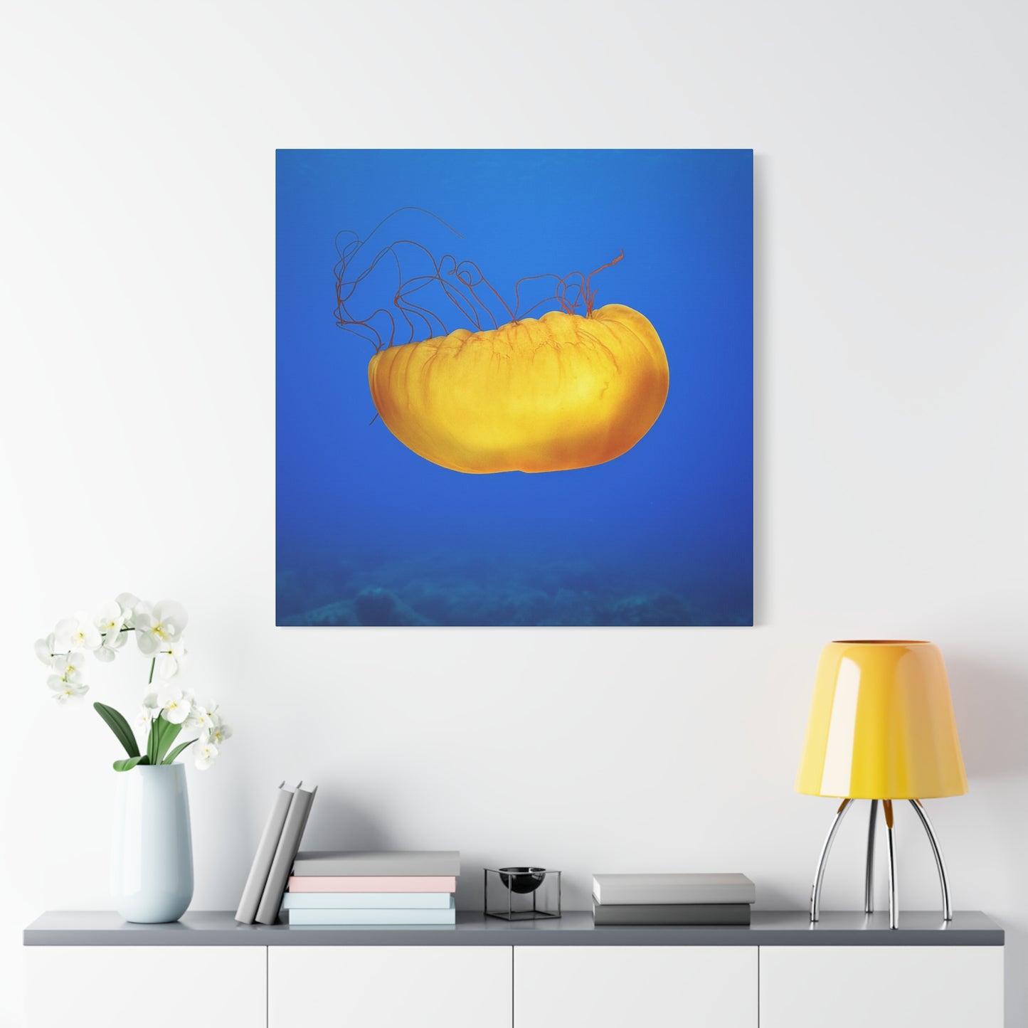 Golden Jellyfish Canvas Wall Art | Ocean Photography Print | Coastal Home Decor | Marine Life Artwork | Blue Sea Jellyfish Poster 1.25"
