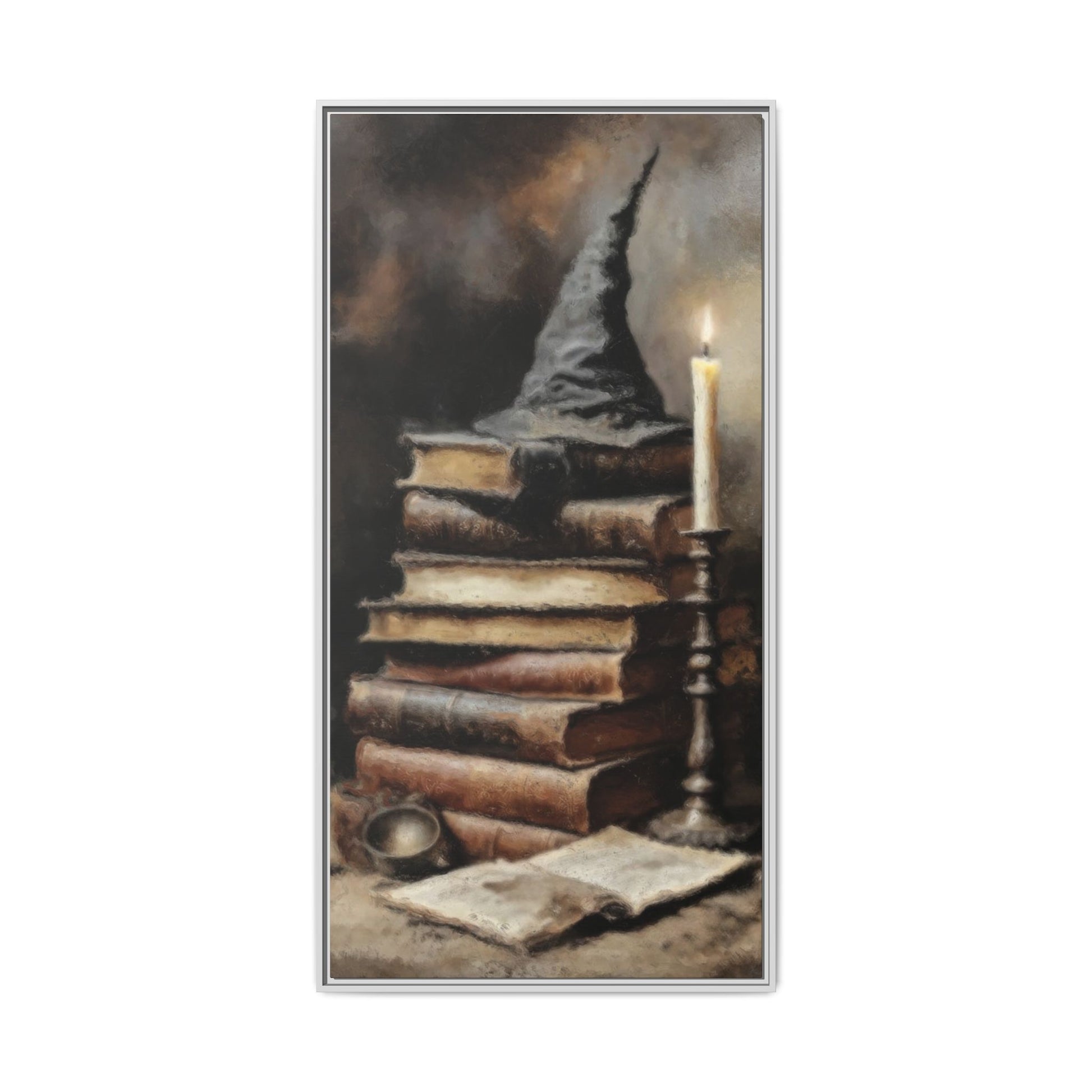 Painting of a wizard's hat on books with a candle, on a white background