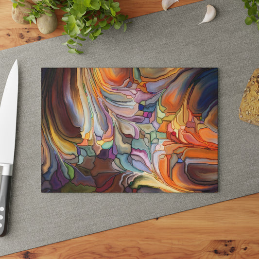 Colorful abstract painting on a gray surface with a knife and plant in the background