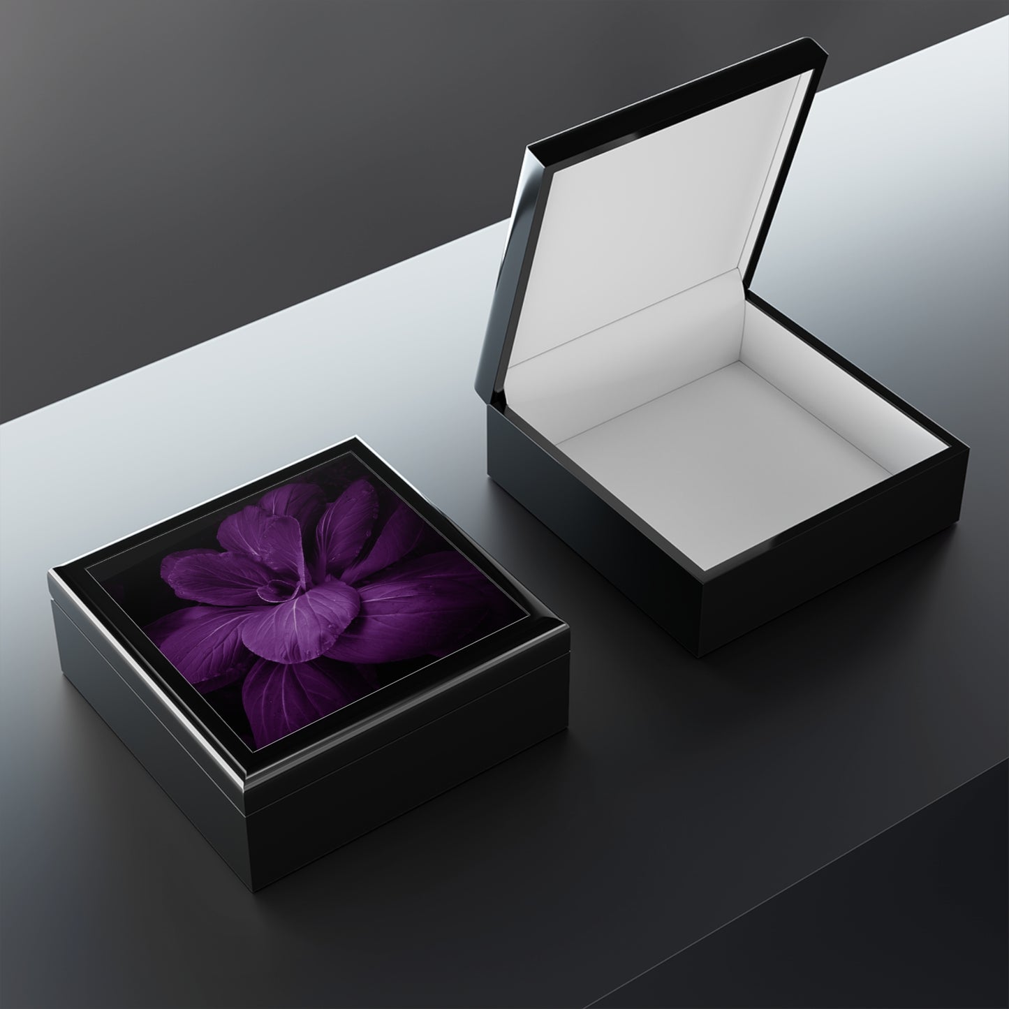Dark Purple Flower Jewelry Box with Ceramic Tile Lid | Elegant Floral Keepsake Box