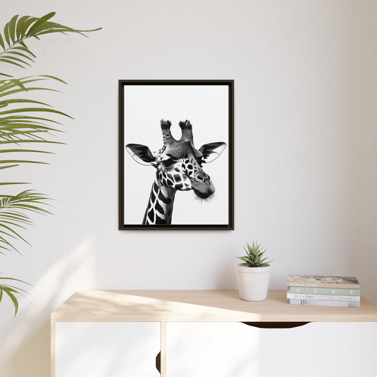 Black and White Giraffe Wall Art – Framed Safari Animal Canvas Print