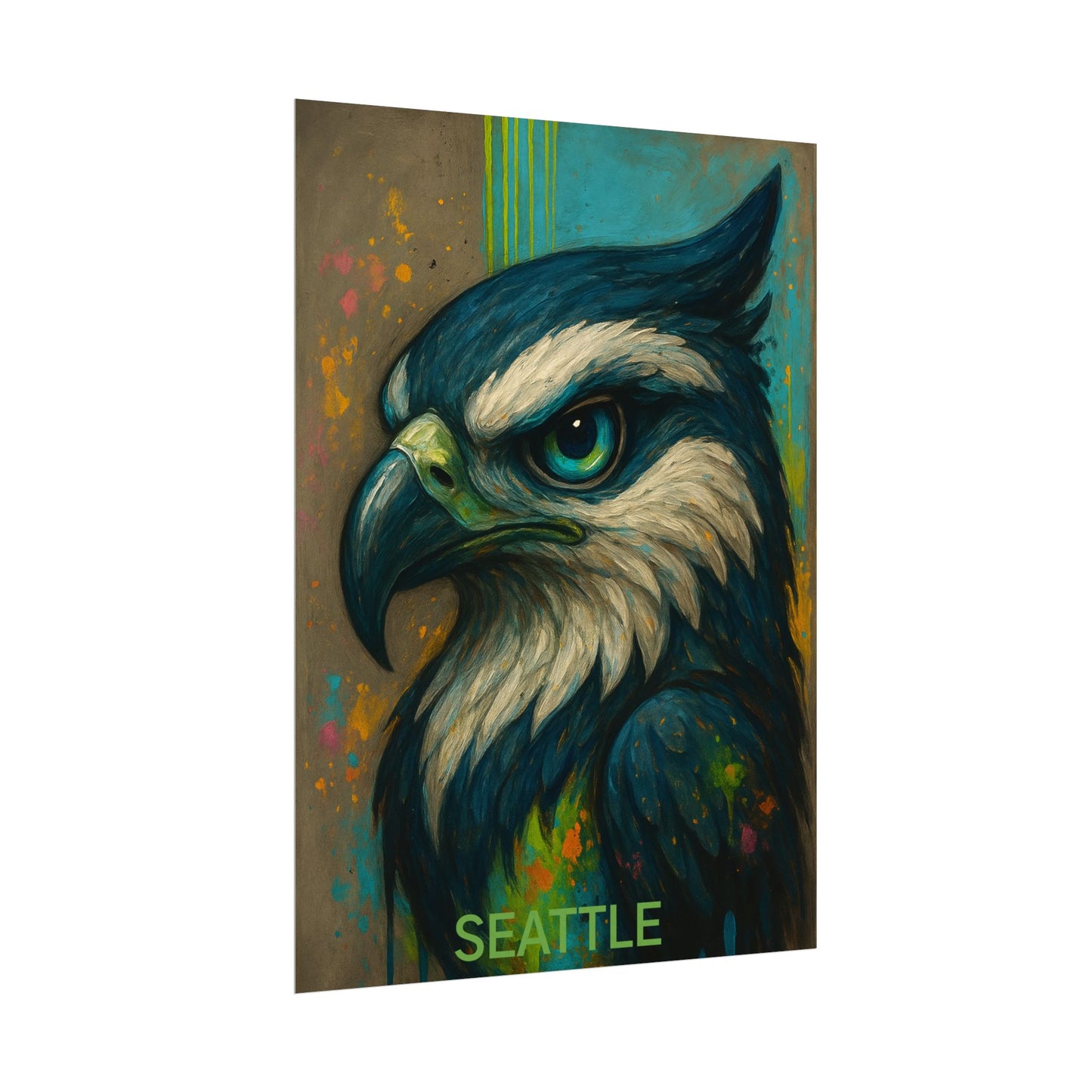 Artistic depiction of an hawk with 'Seattle' text on a colorful background