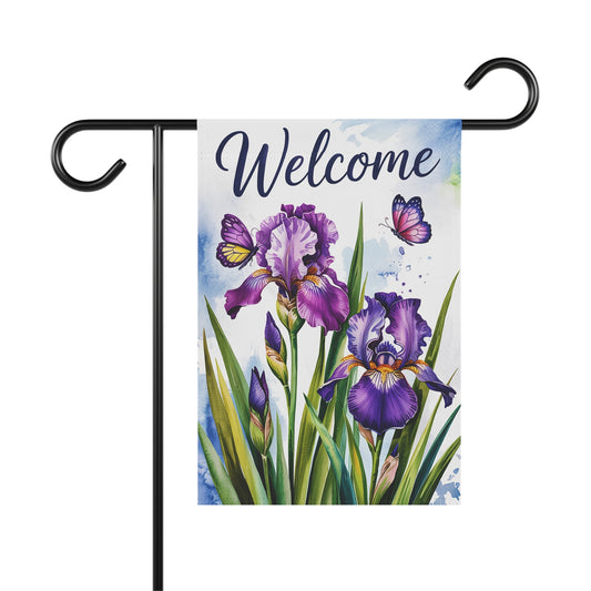 Decorative garden flag with purple irises and butterflies on a white background