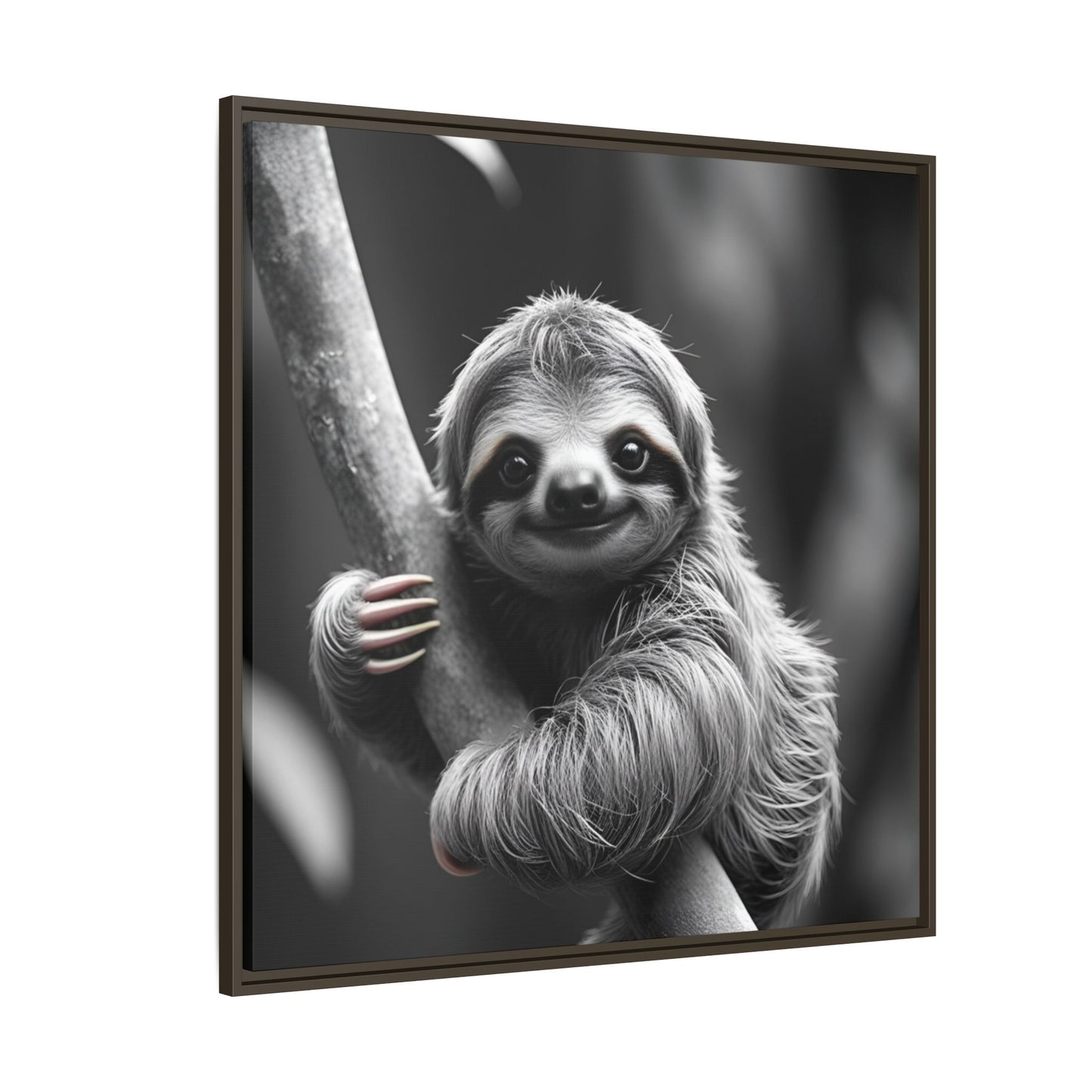 Framed artwork of a sloth hanging from a branch with a black border.
