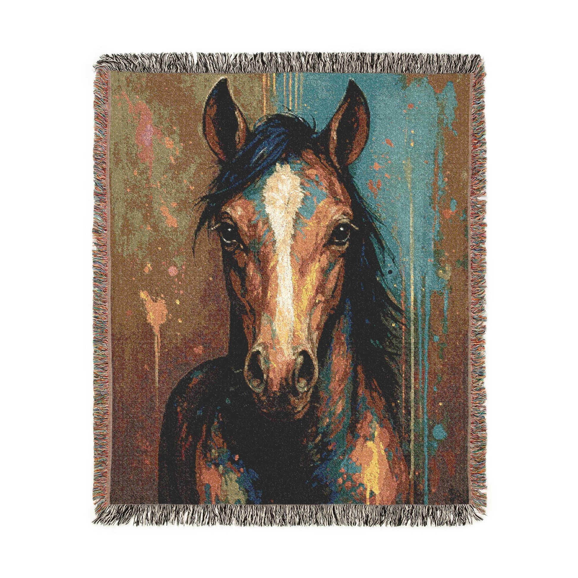 Woven blanket with a horse head design on a white background