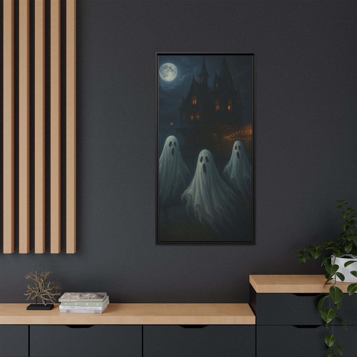 Haunted House Ghost Canvas Wall Art – Spooky Halloween Framed Art, Vintage Horror Decor, Gothic Night Scene Print
