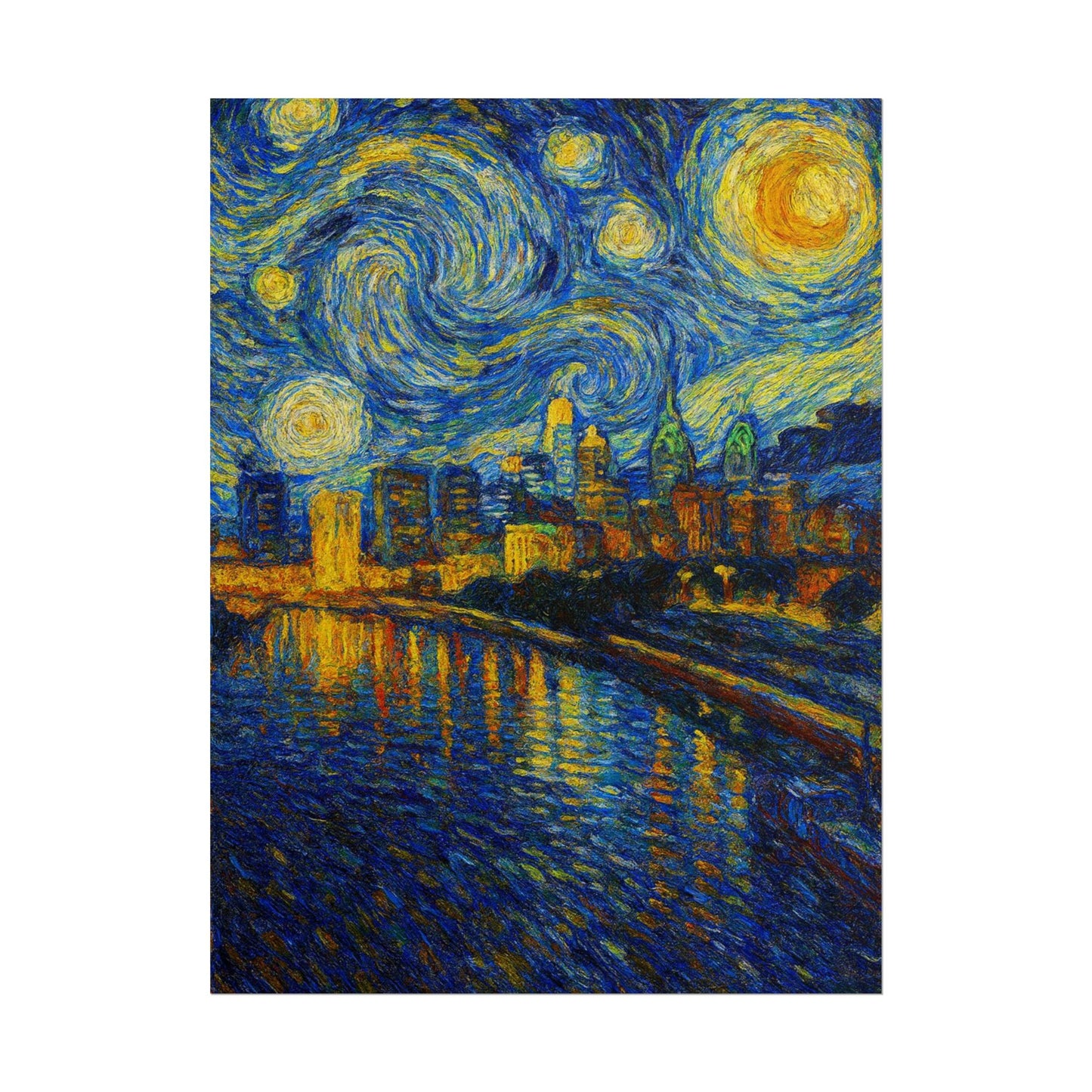 Starry night cityscape with swirling stars over a river