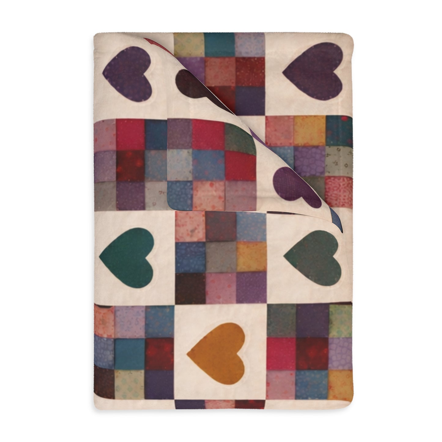 Colorful blanket with heart patterns on a white background
