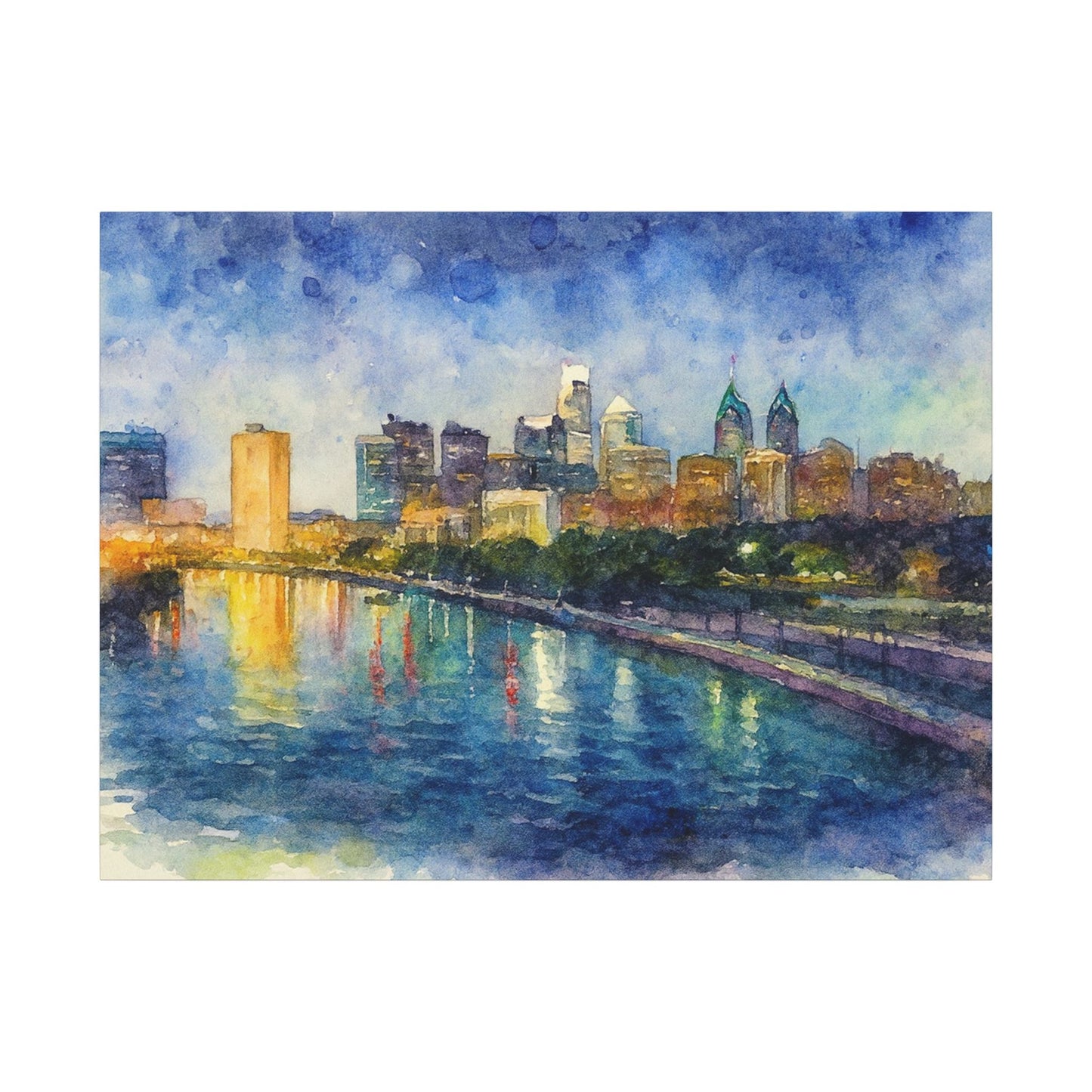 Watercolor painting of a city skyline reflected in water