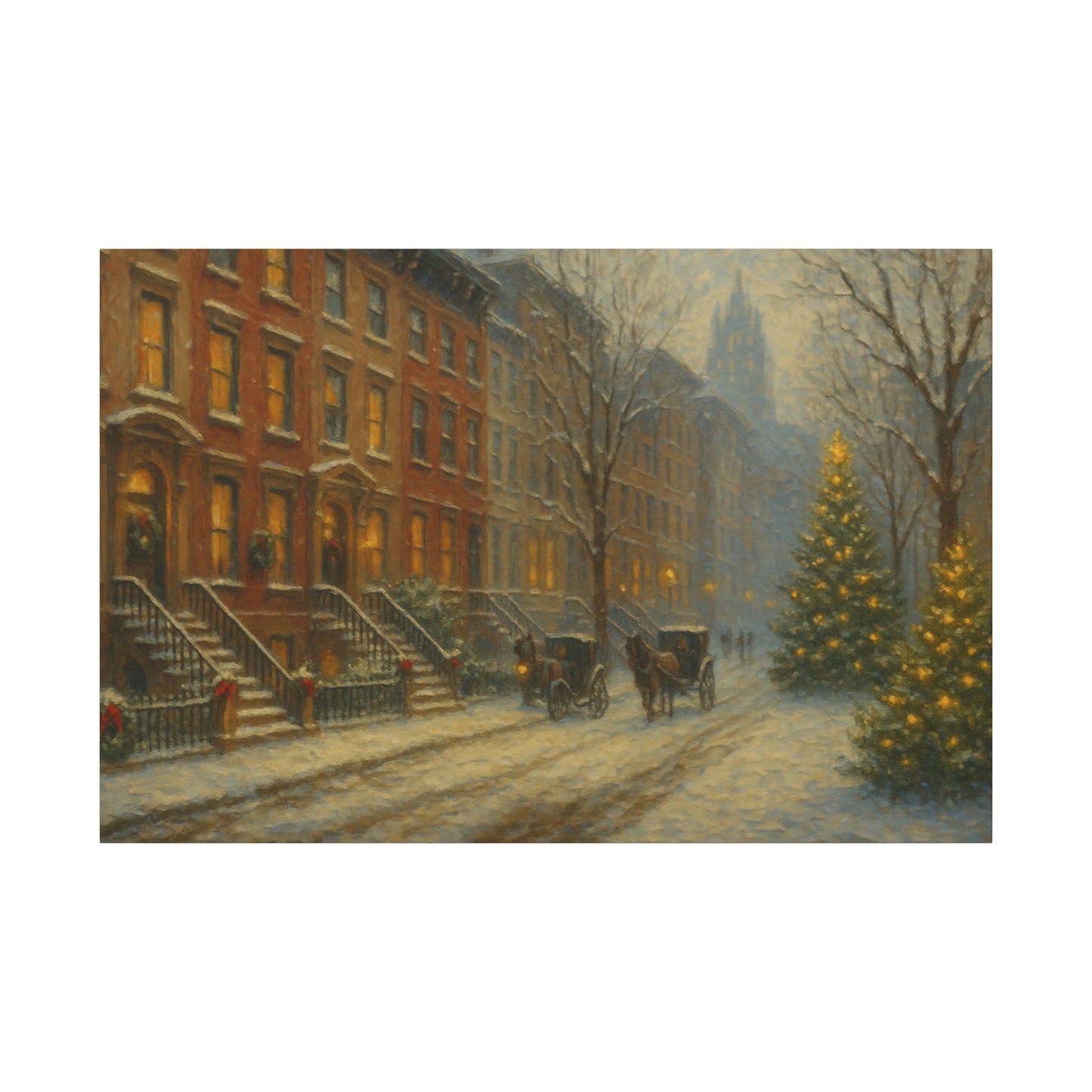 Vintage-style painting of a snowy street with a horse-drawn carriage, lit street lamps, and a Christmas tree.