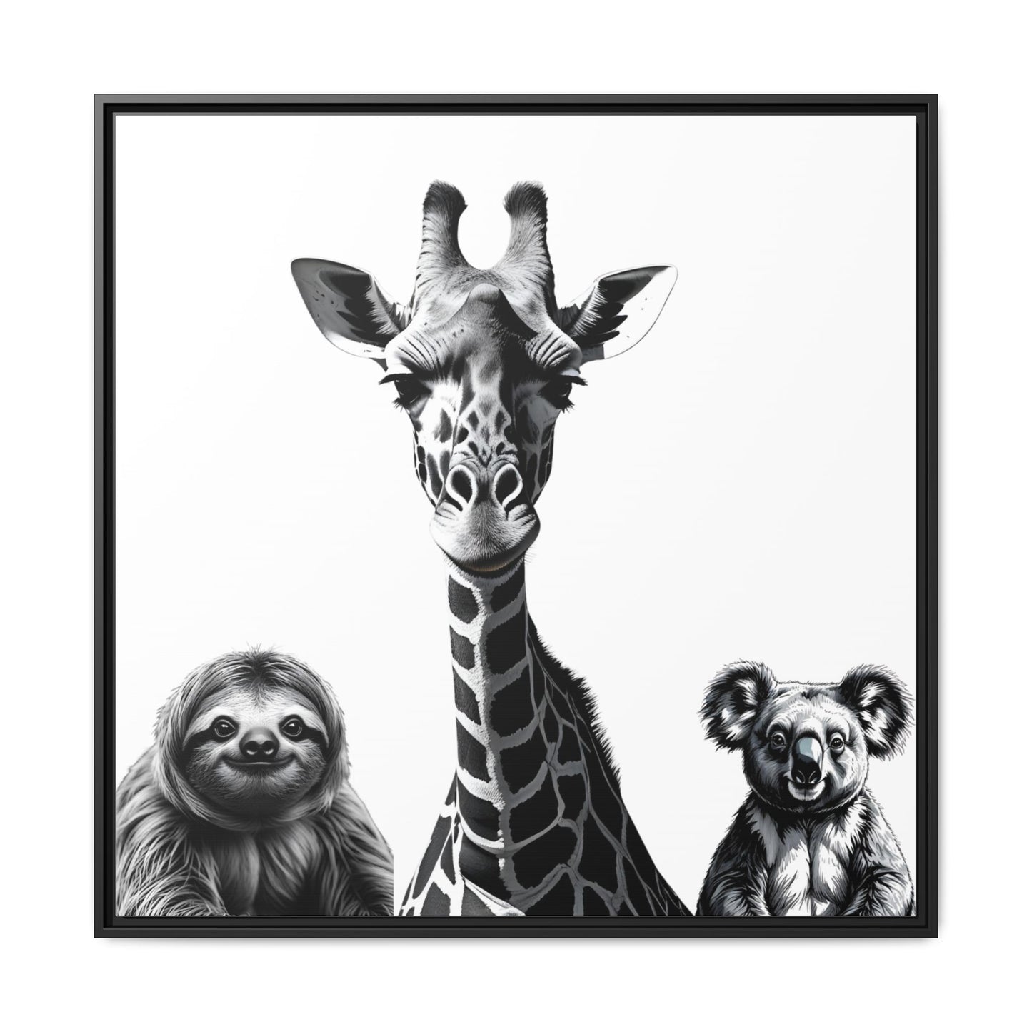 framed playful animal giraffe, sloth, koala print