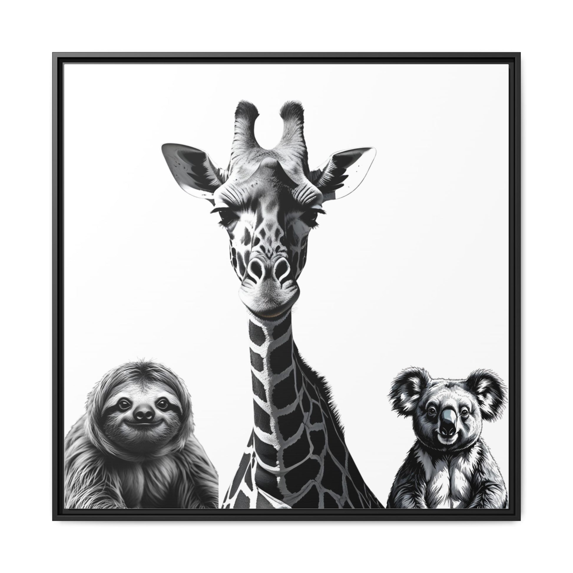 framed playful animal giraffe, sloth, koala print