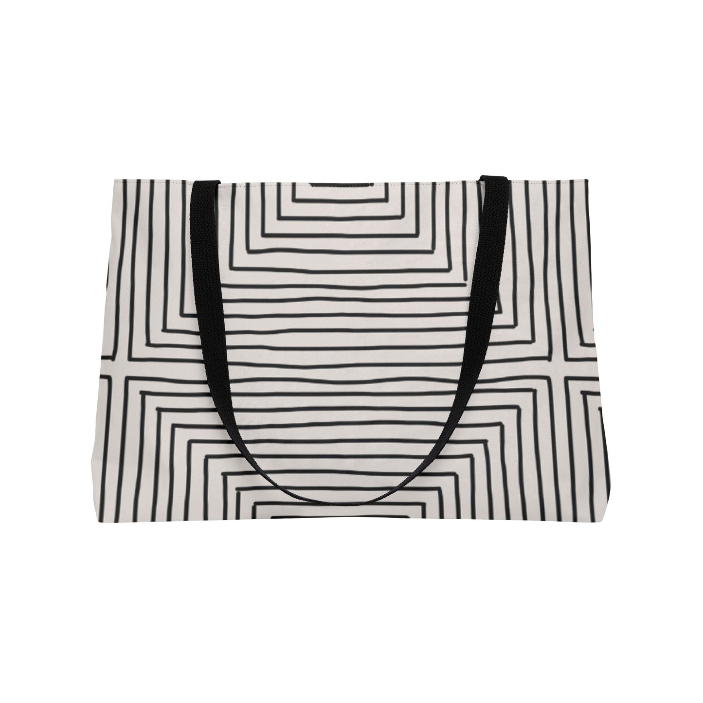 Tote bag with black and white geometric pattern on a white background