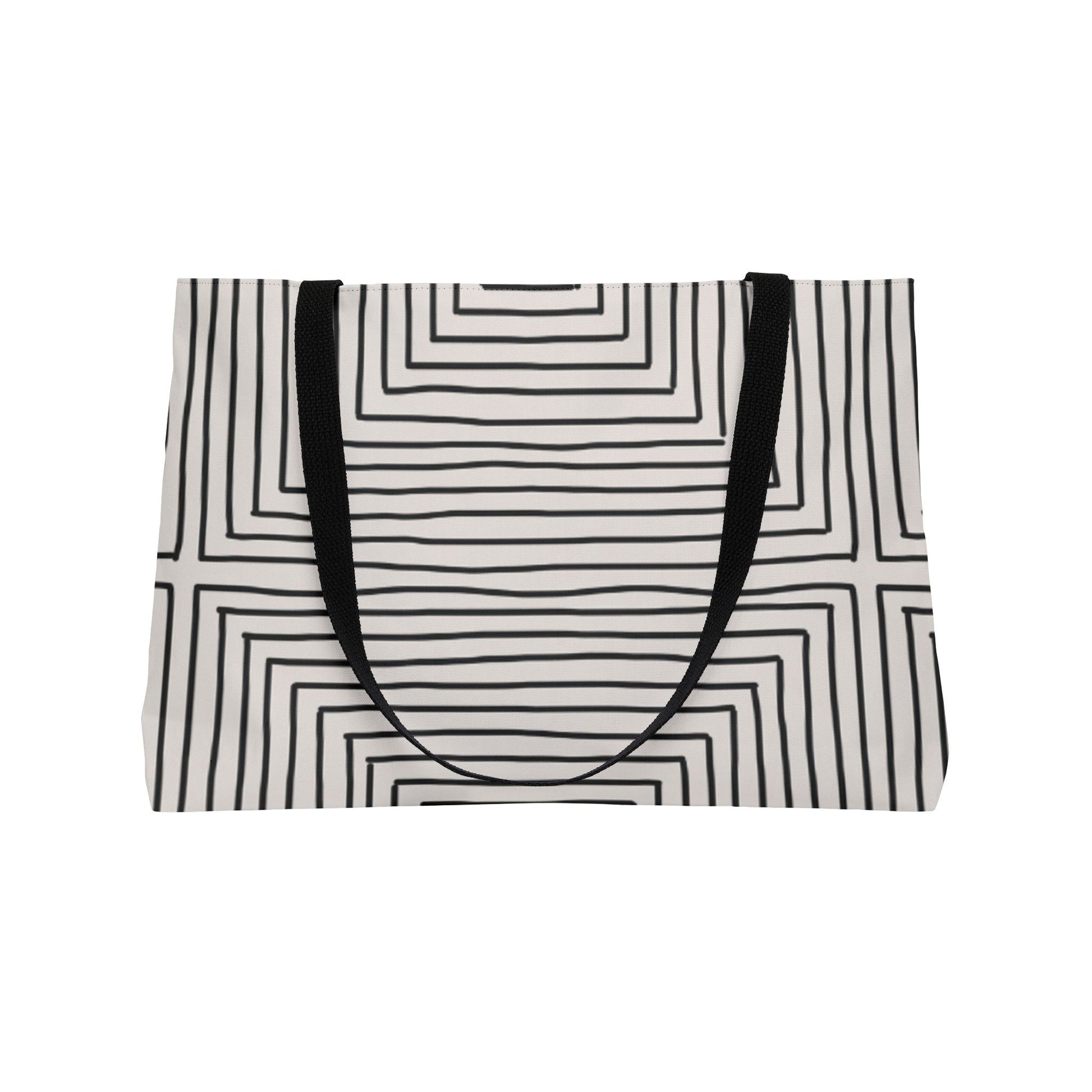 Tote bag with black and white geometric pattern on a white background