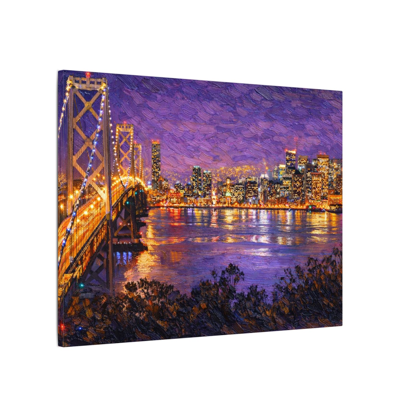 San Francisco Skyline Canvas Wall Art, Bay Bridge Night Painting, Impasto Style Artwork