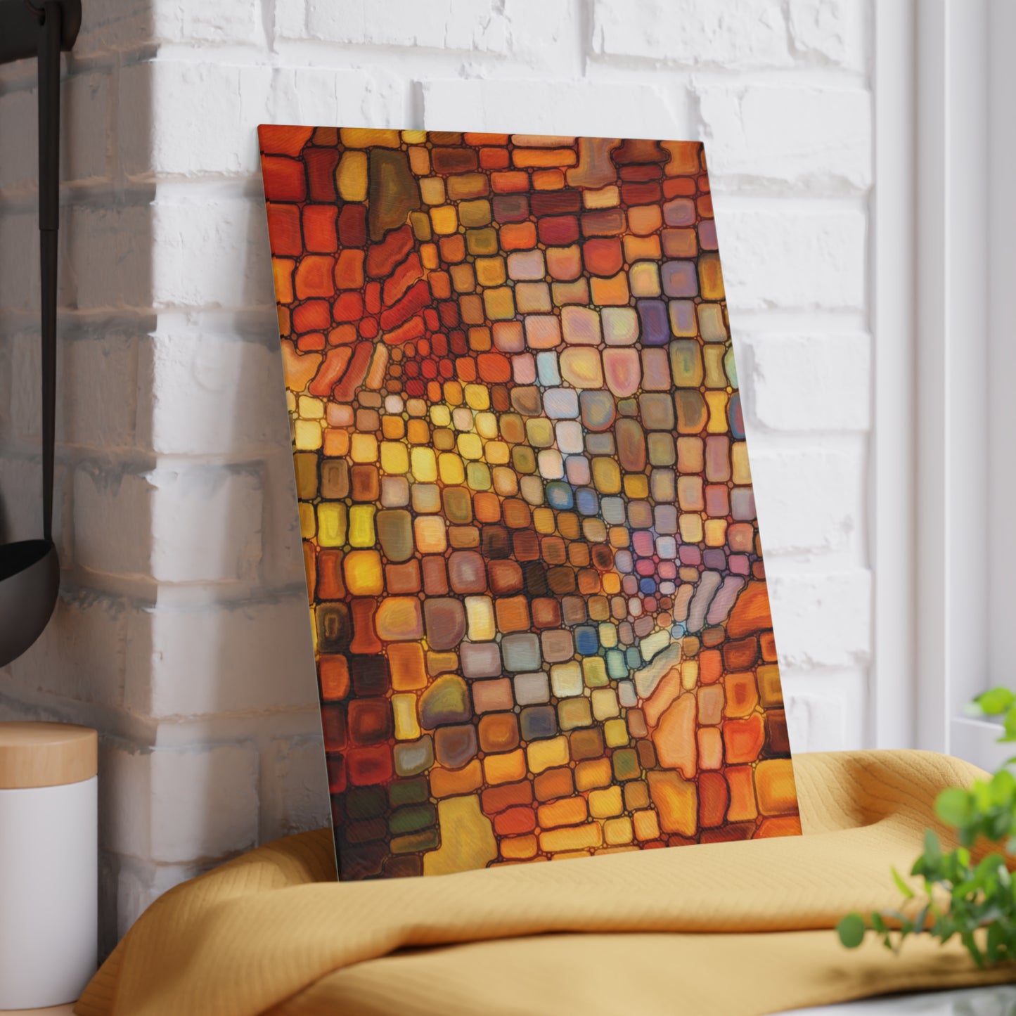 Colorful abstract painting on a white brick wall