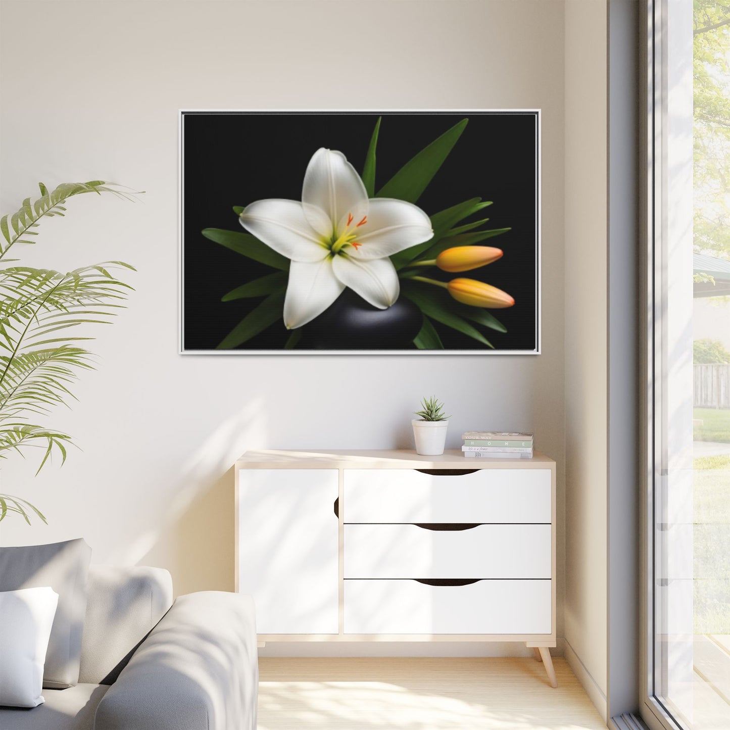 White Lily Wall Art Canvas Print Framed | Elegant Floral Wall Decor for Bedroom, Living Room, Bathroom