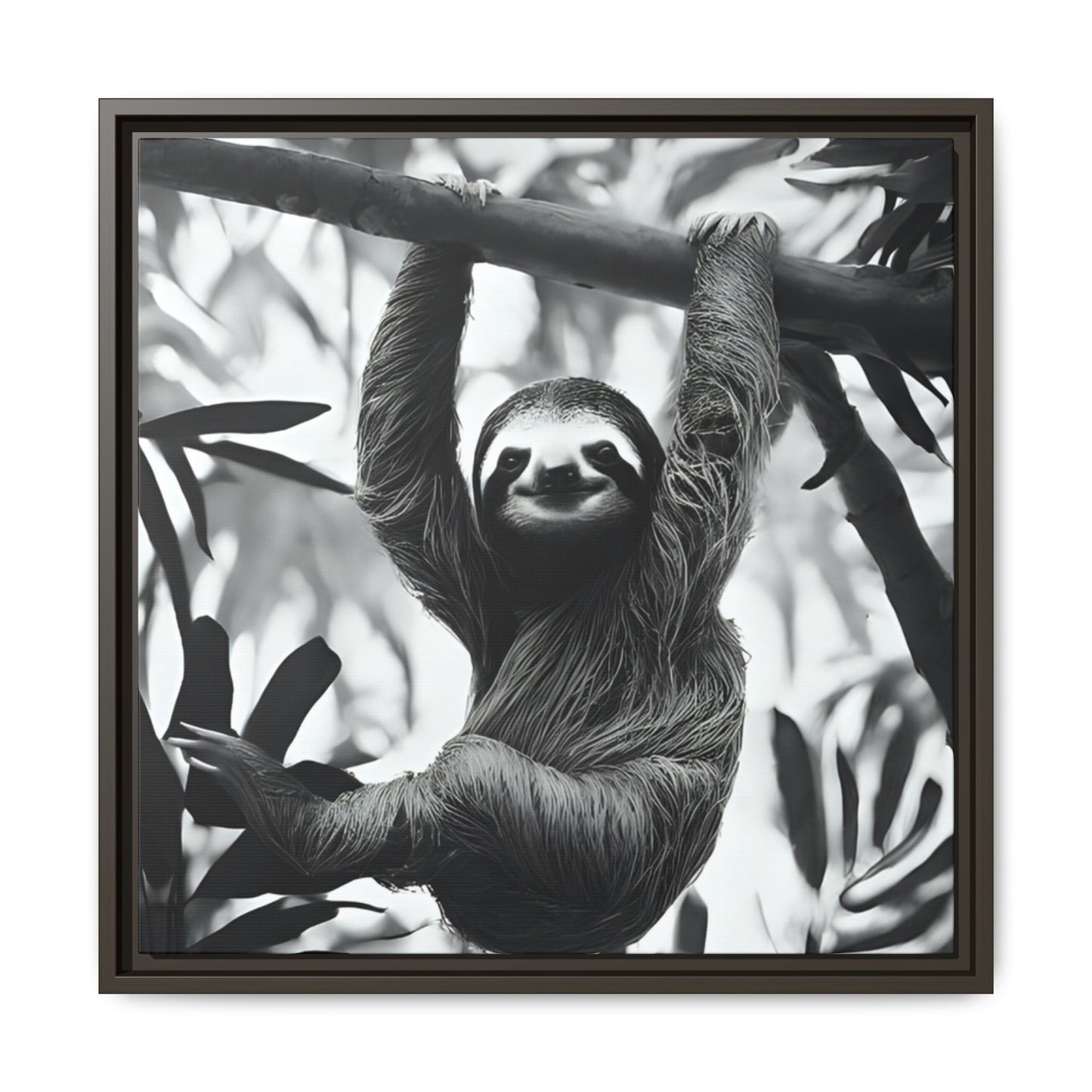 Playful Sloth Hanging from Tree Branch Black & White Animal Wall Art, Cute Sloth Photography Print, Jungle Theme Home Deco