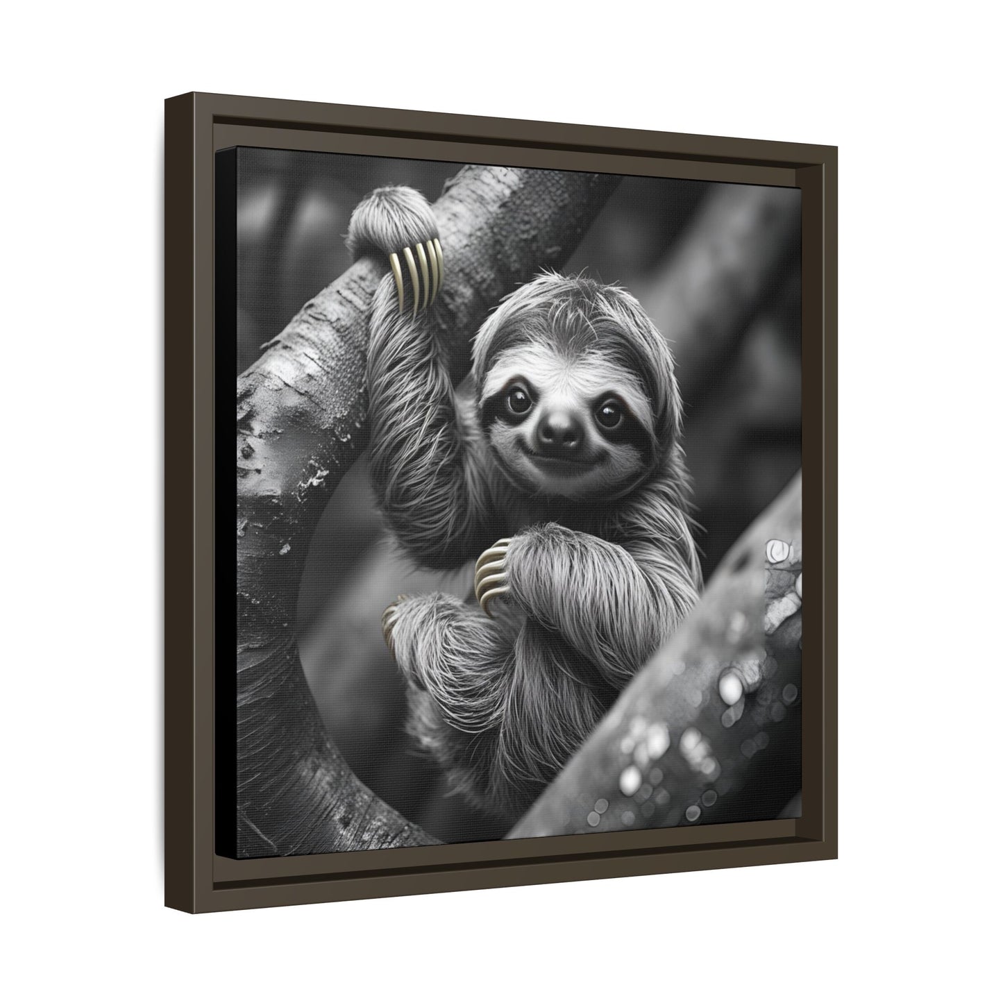 Smiling Sloth Hanging on Tree Branch Wall Art on Framed Canvas, Sloth Lover Gift, Nursery Decor, Wildlife Artwork