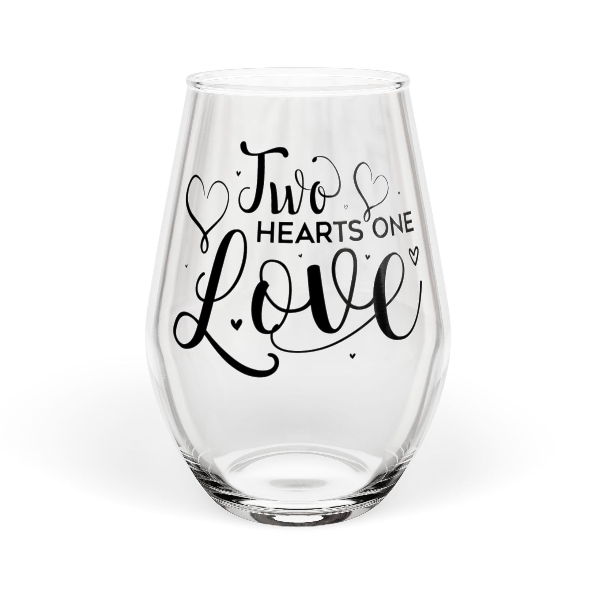 Clear glass with 'Two Hearts One Love' text on a white background
