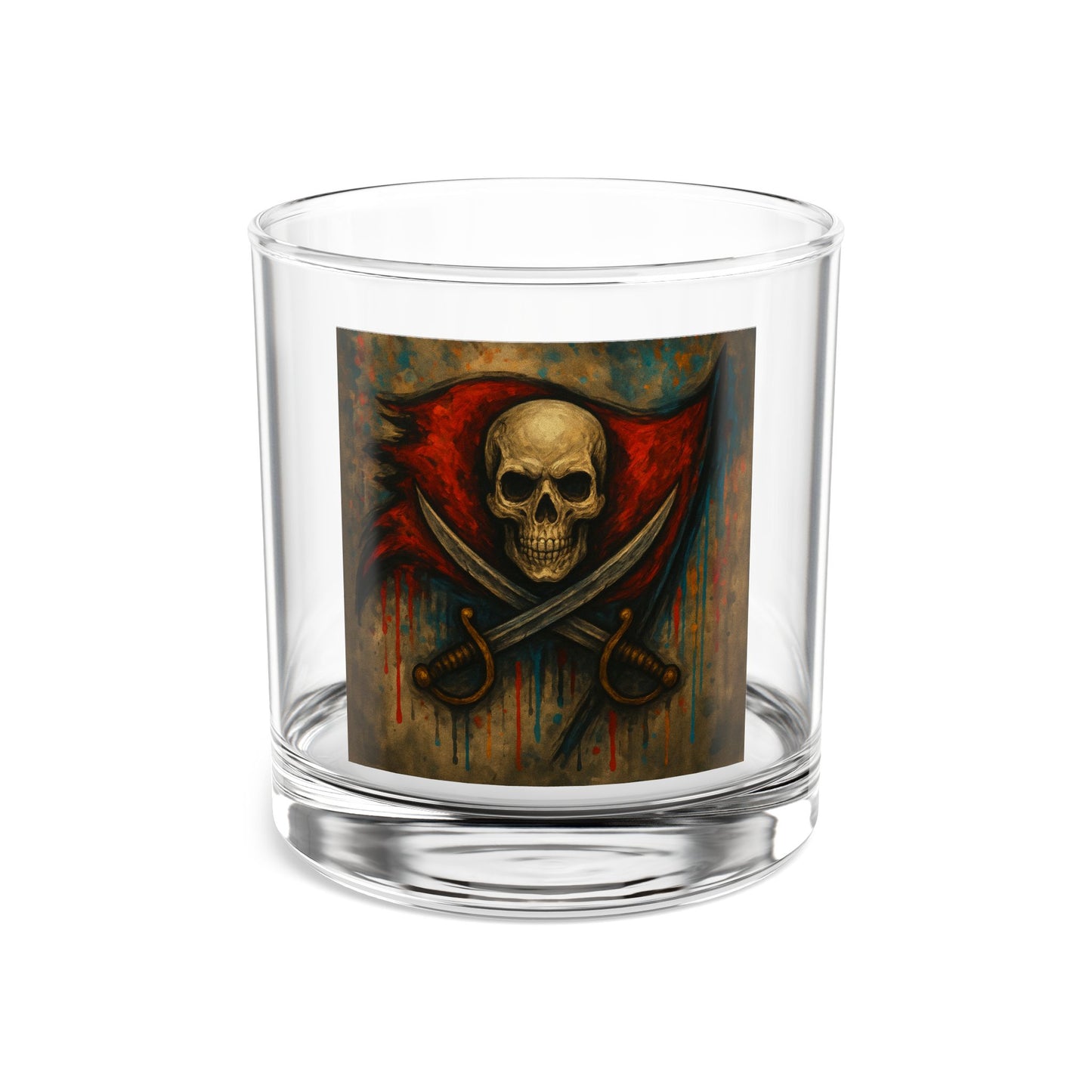 Clear glass tumbler with a skull and crossed swords design on a white background