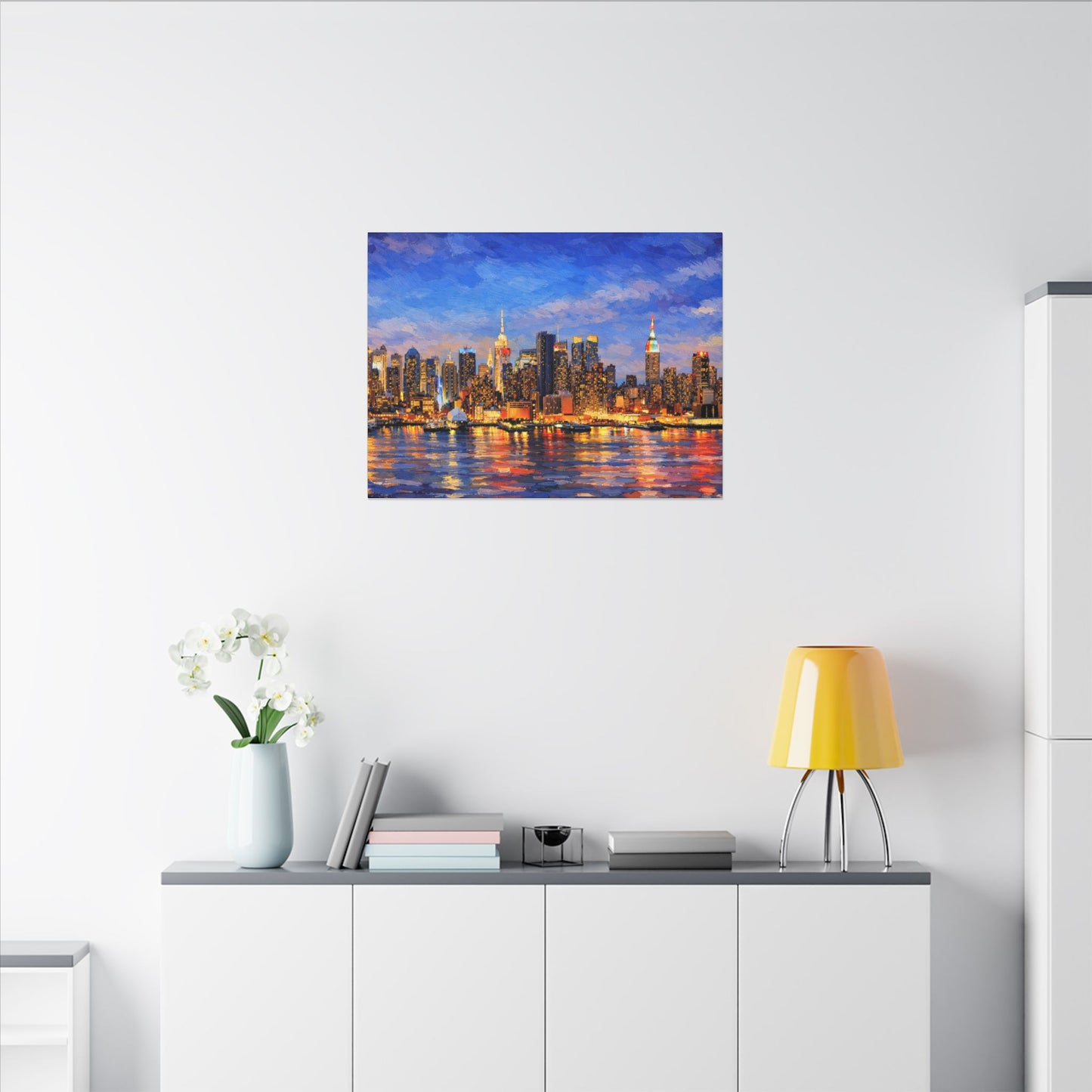 New York City Skyline Canvas Wall Art – Night Waterfront Impasto Cityscape Painting